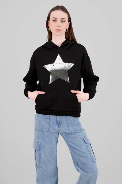 Star Foil Print Hoodie BLACK