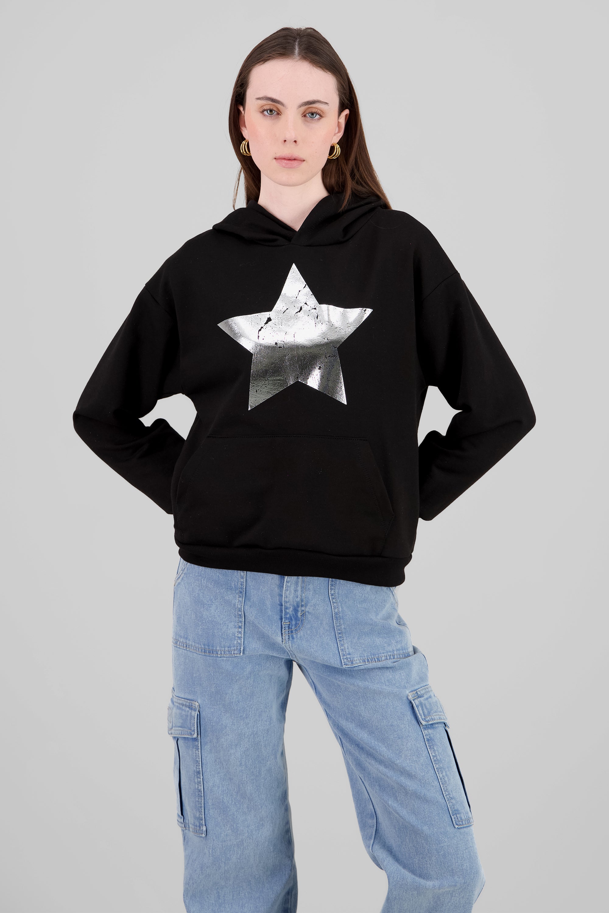 Star Foil Print Hoodie BLACK