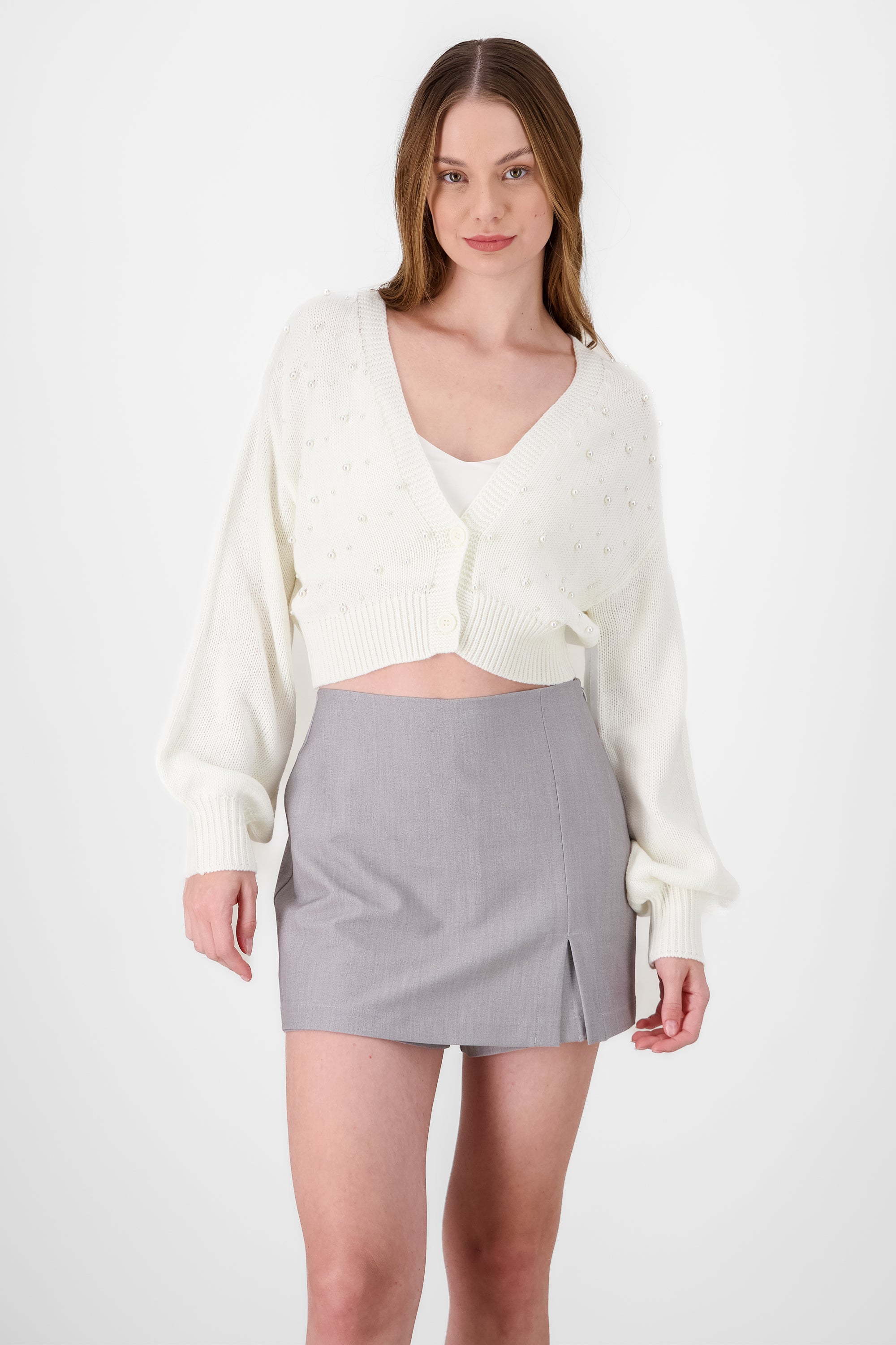 Cropped Cardigan with Pearls WHITE