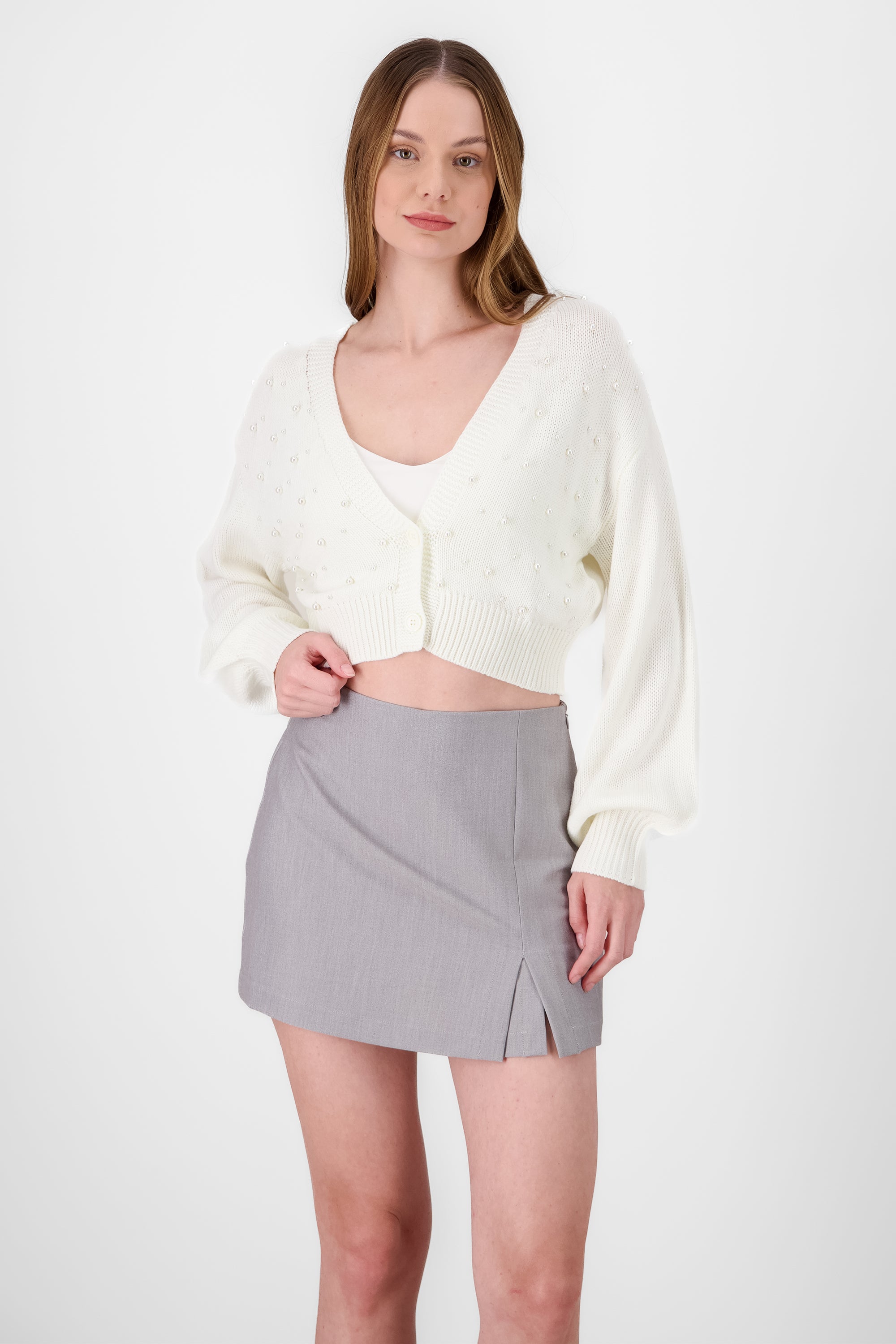 Cropped Cardigan with Pearls WHITE