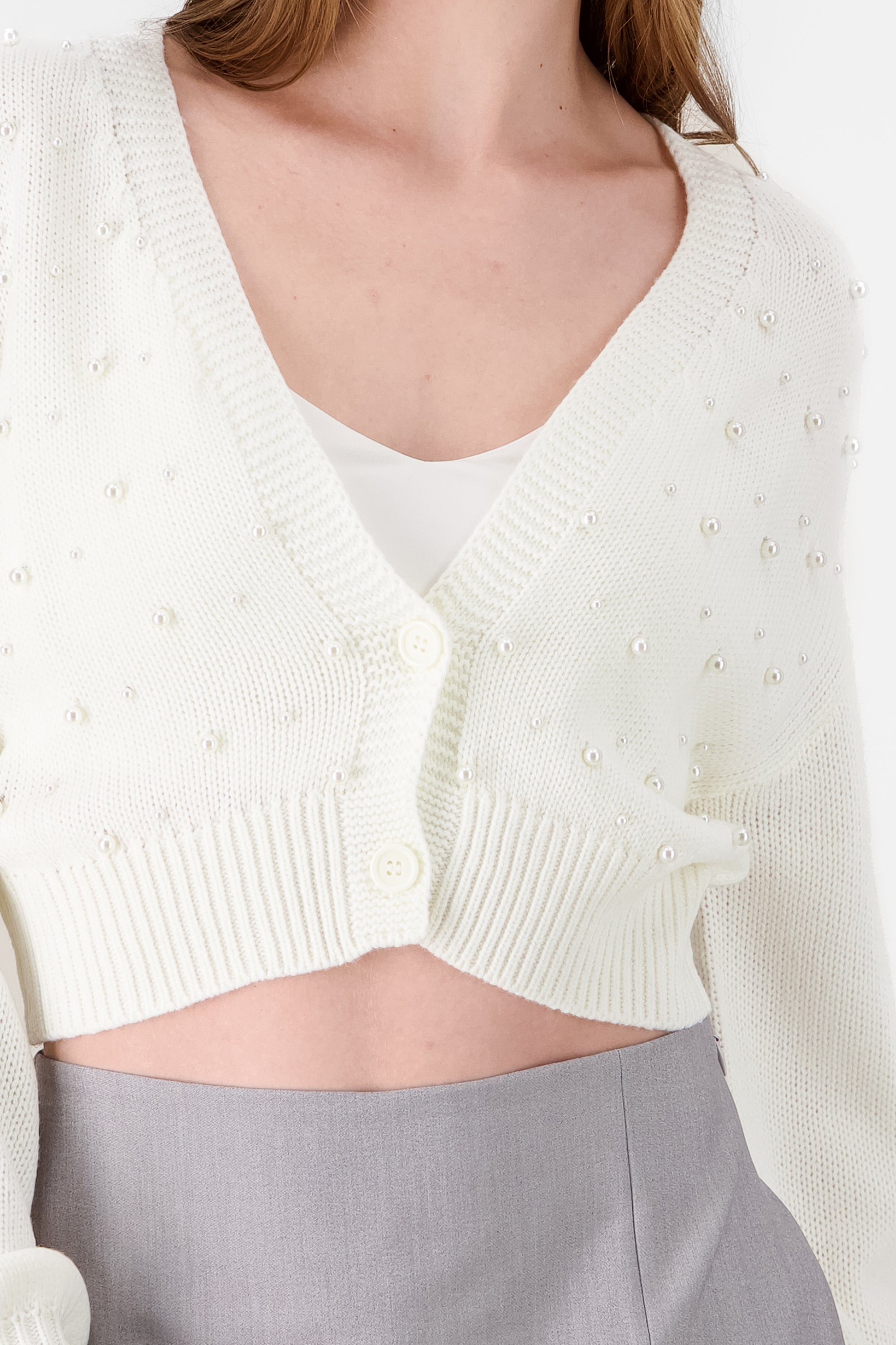 Cropped Cardigan with Pearls WHITE