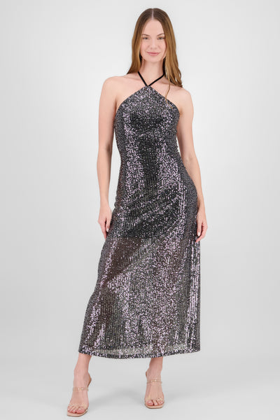 Halter Sequin Maxi Dress BLACK COMBO