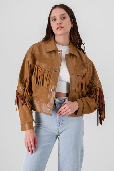 Suede Faux Leather Fringed Jacket CAMEL