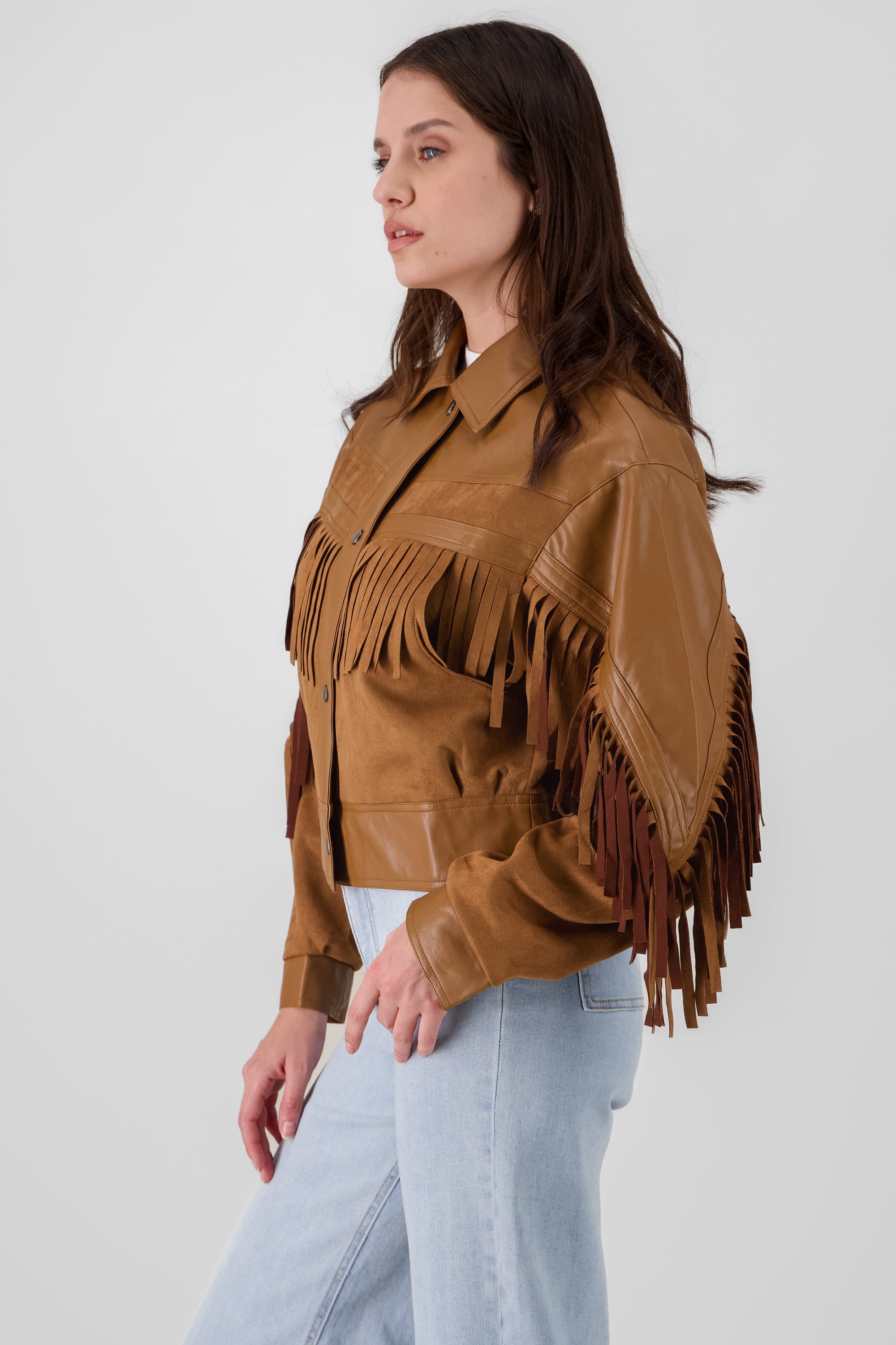 Suede Faux Leather Fringed Jacket CAMEL