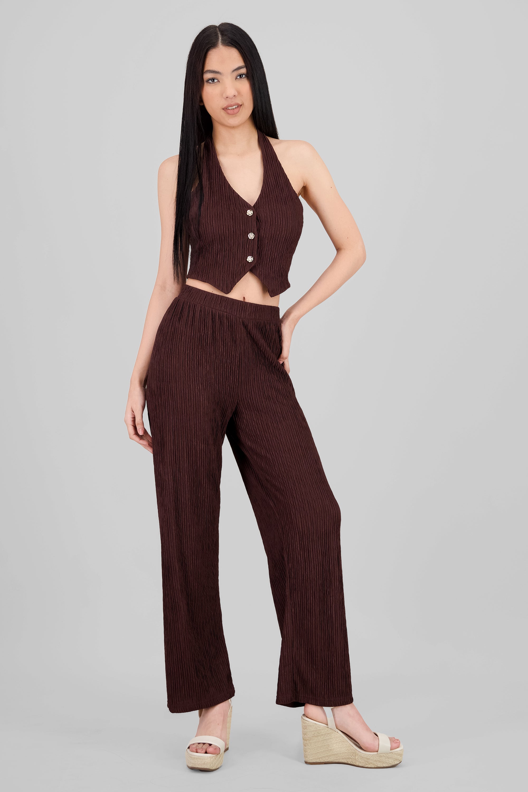 Textured Straight Pants CHOCOLATE