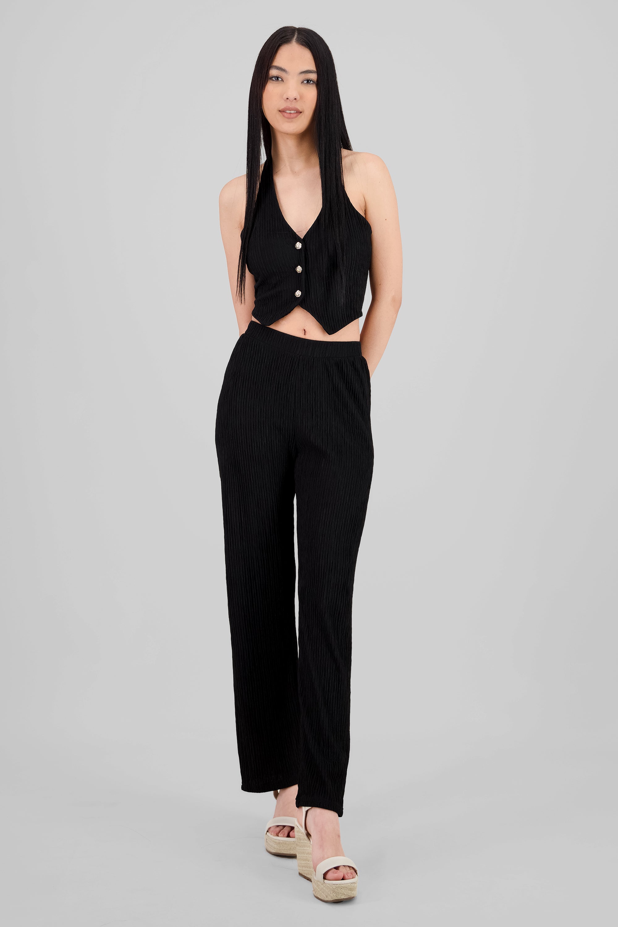 Textured Straight Pants BLACK