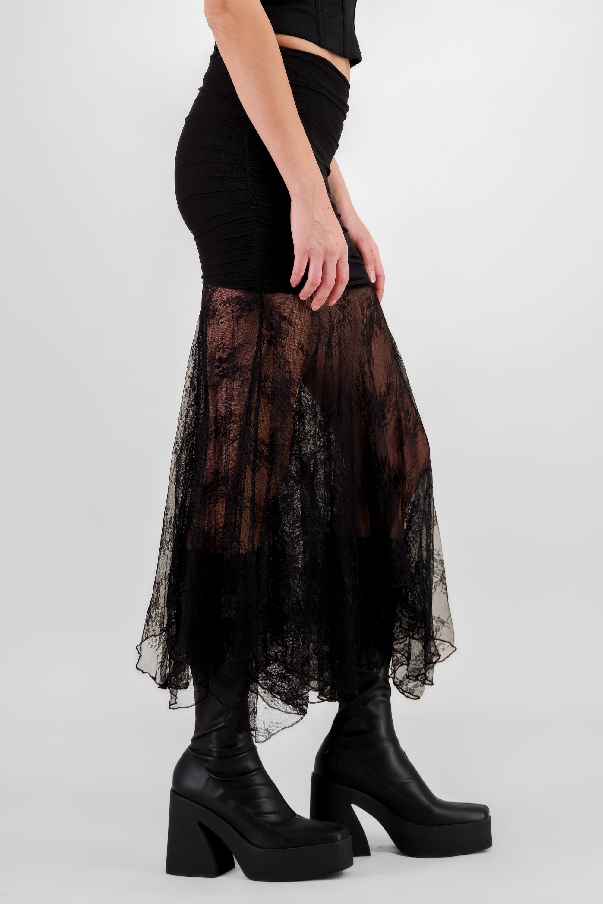 Draped and Lace Skirt BLACK