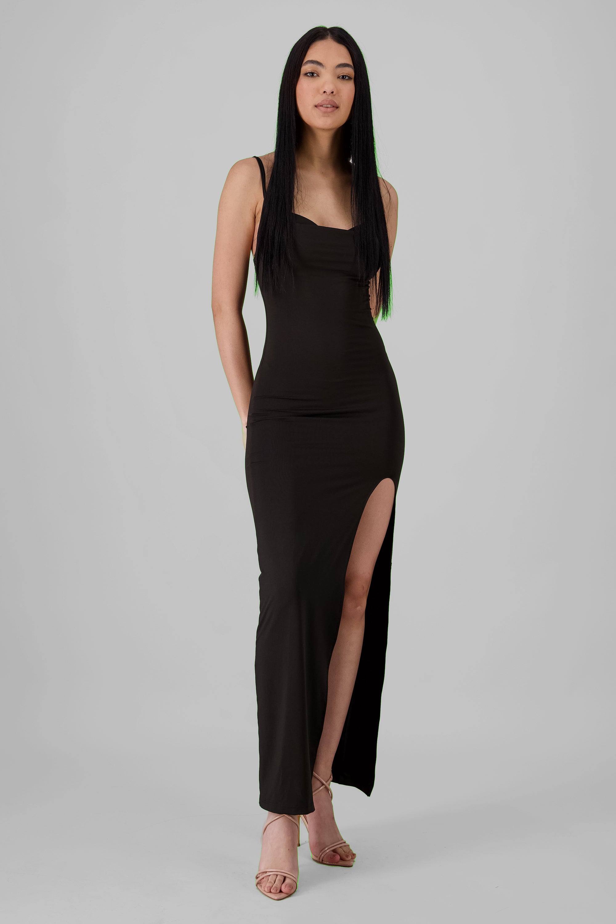 Solid Midi Dress with Slit and Straps BLACK