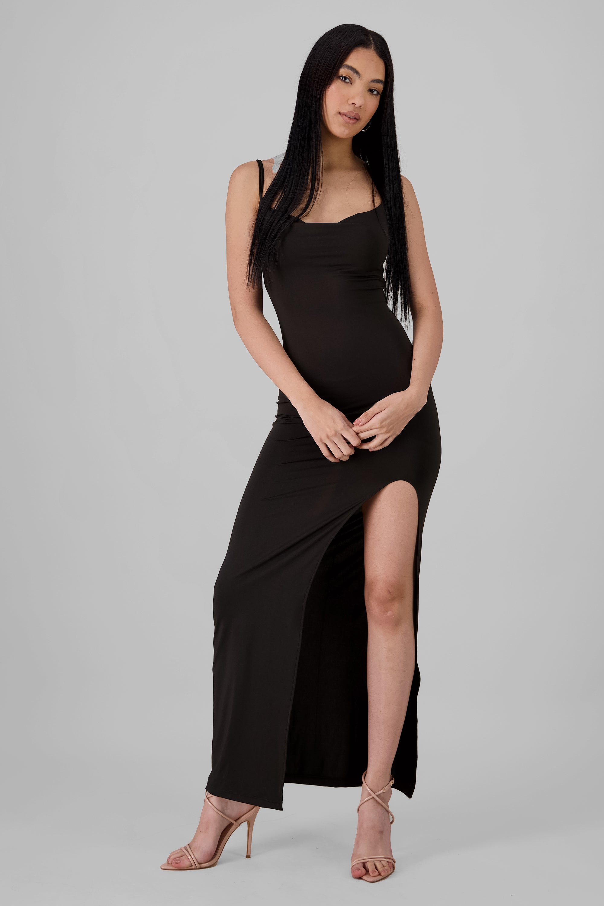 Solid Midi Dress with Slit and Straps BLACK