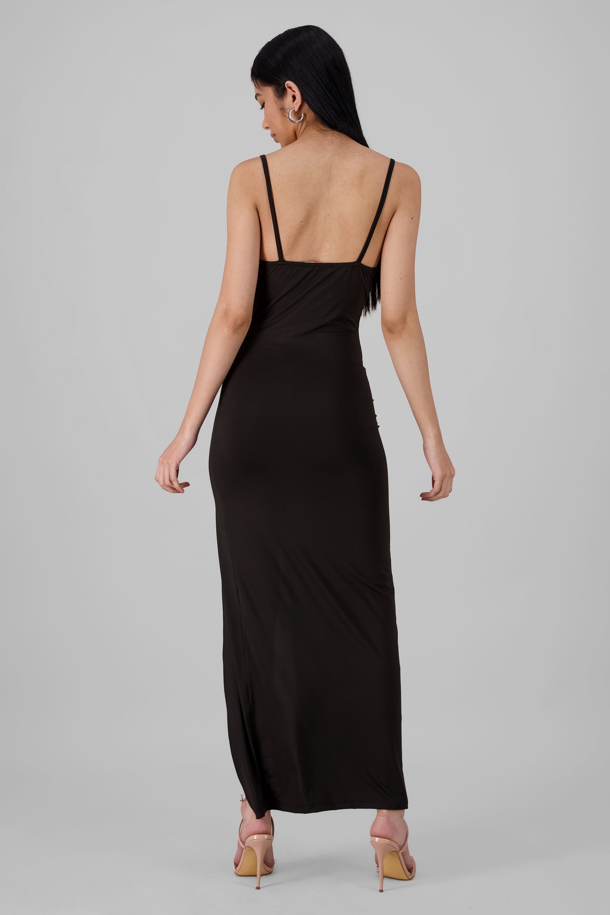 Solid Midi Dress with Slit and Straps BLACK