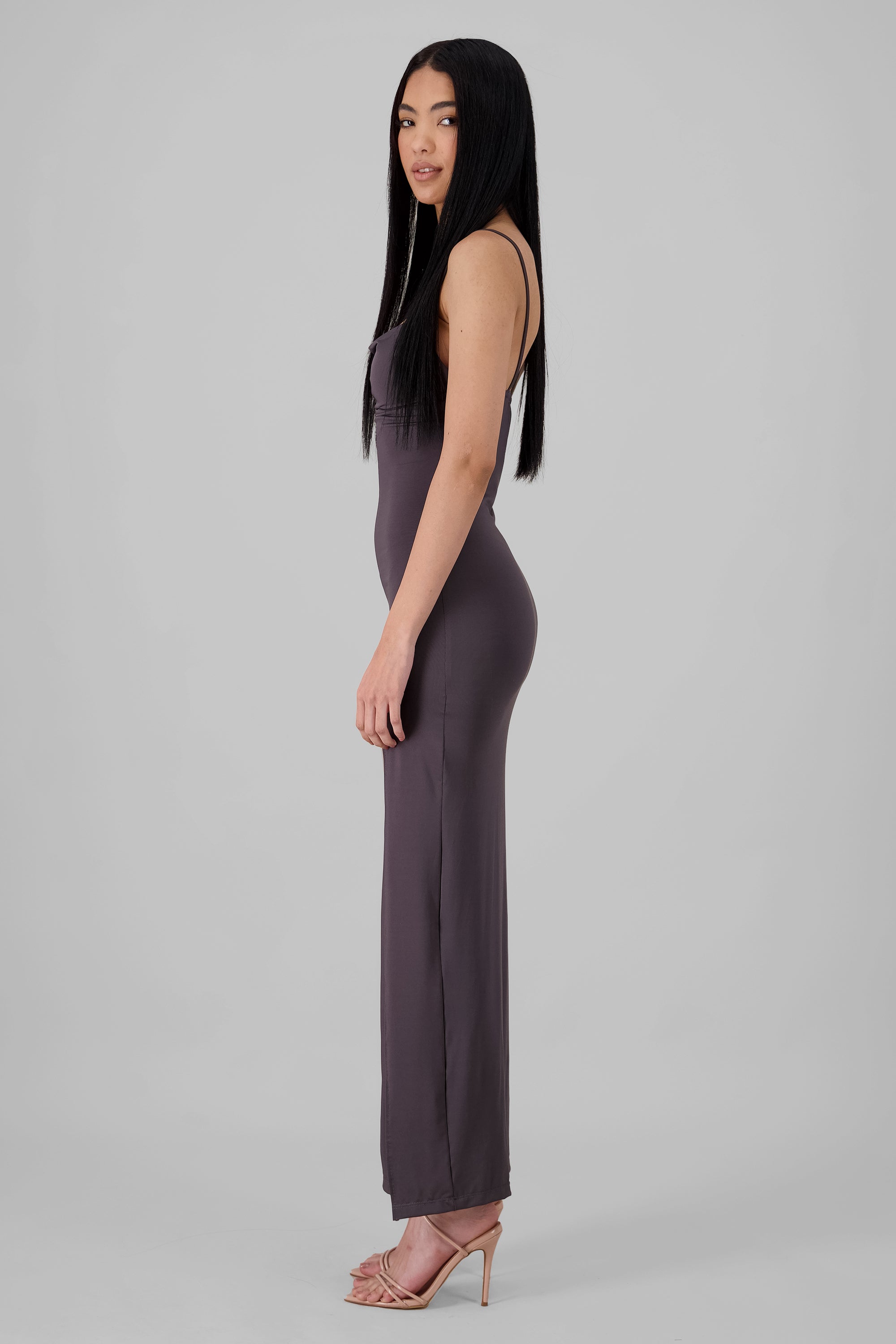 Solid Midi Dress with Slit and Straps DARK GRAY