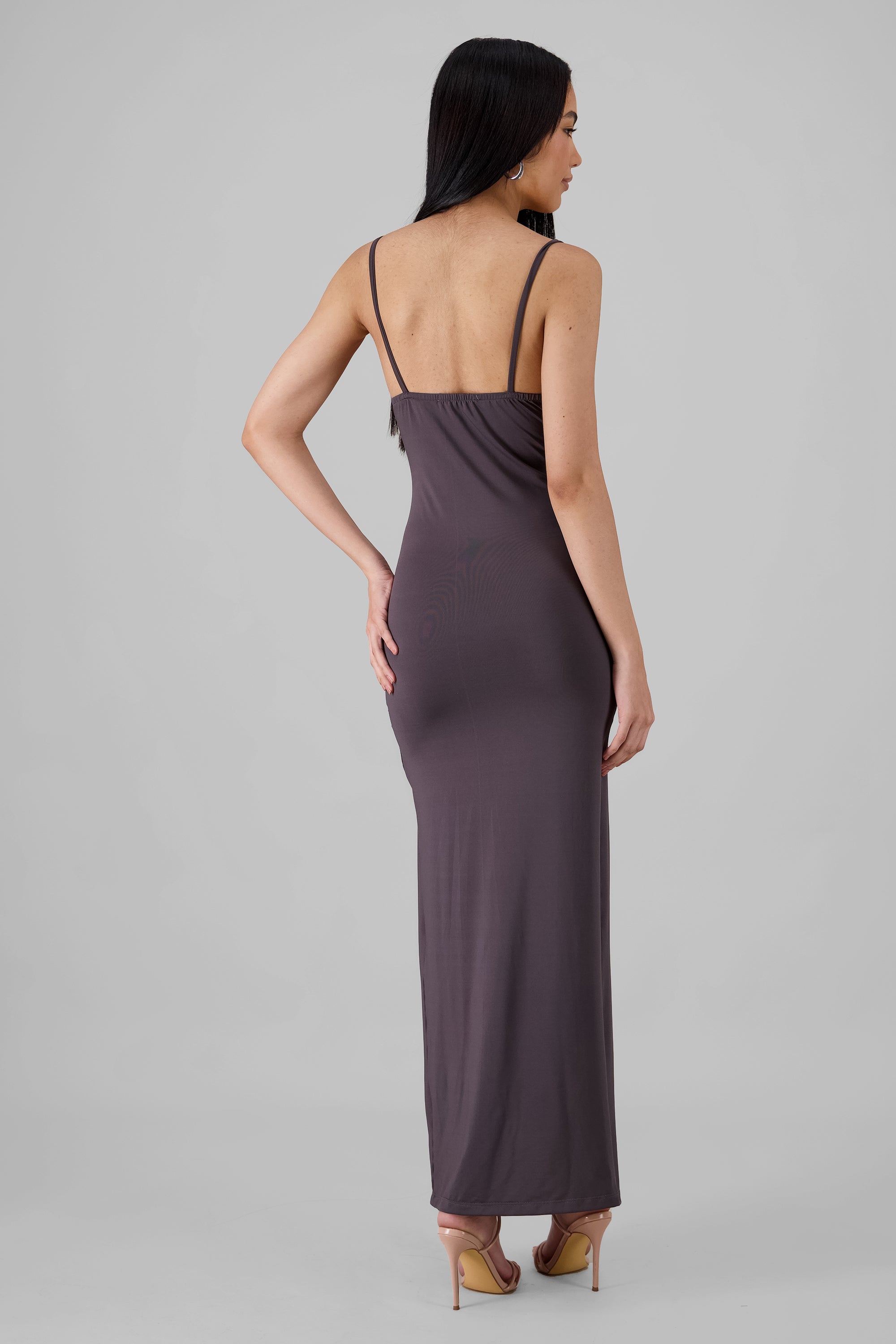 Solid Midi Dress with Slit and Straps DARK GRAY