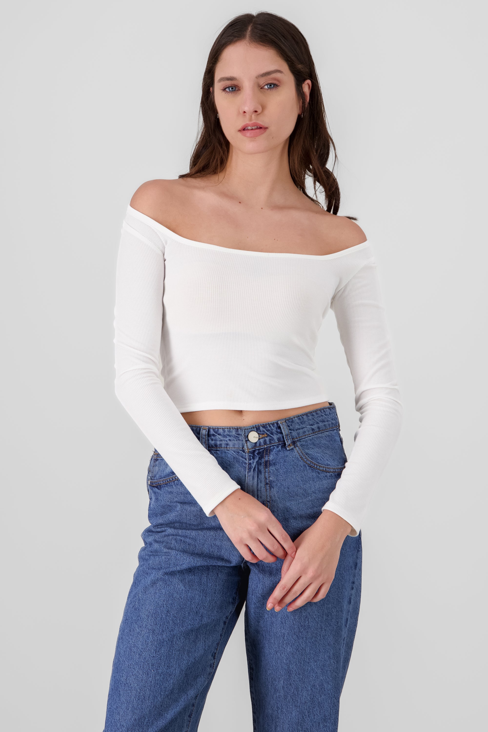 Solid Ribbed Long Sleeve Top WHITE