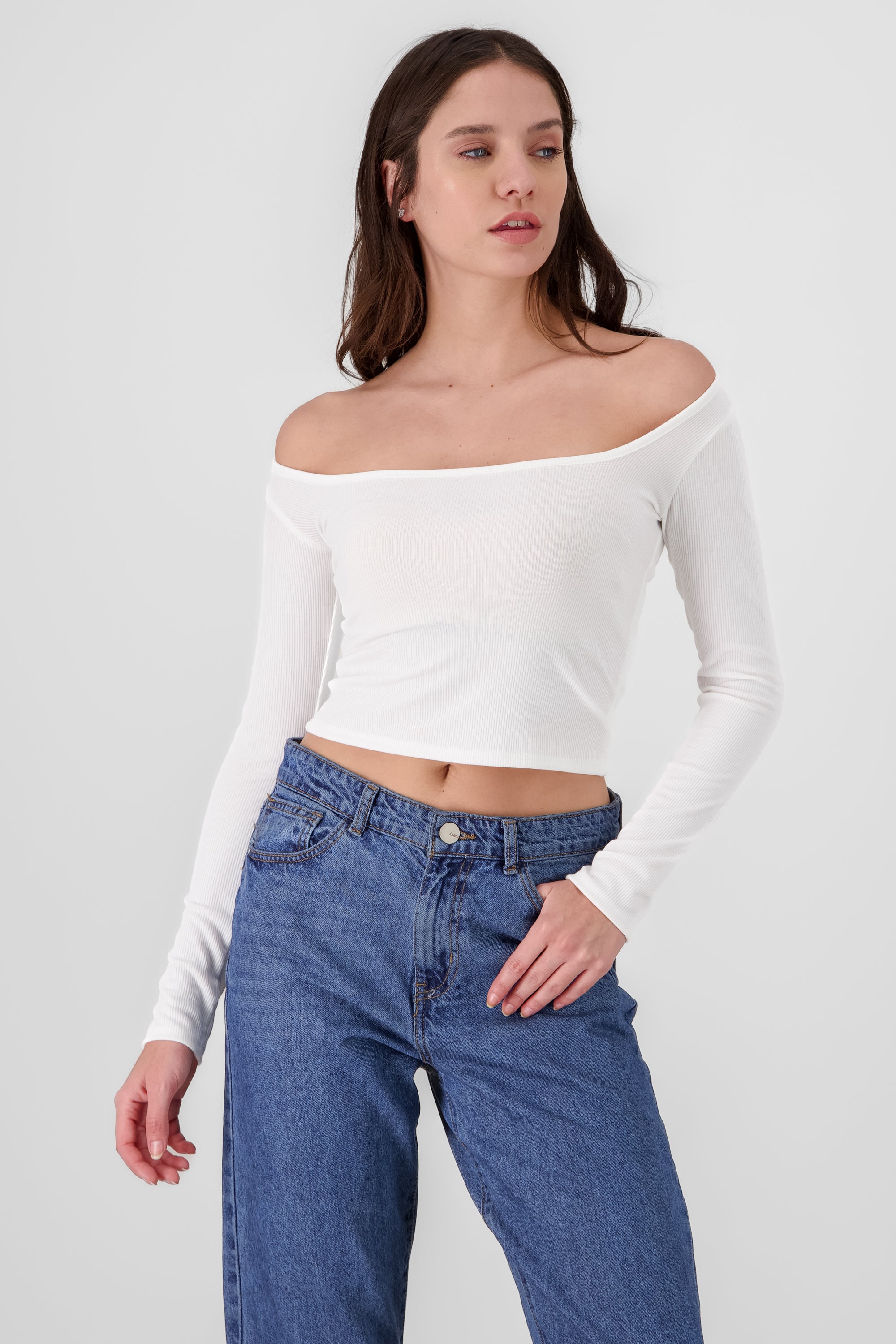 Solid Ribbed Long Sleeve Top WHITE