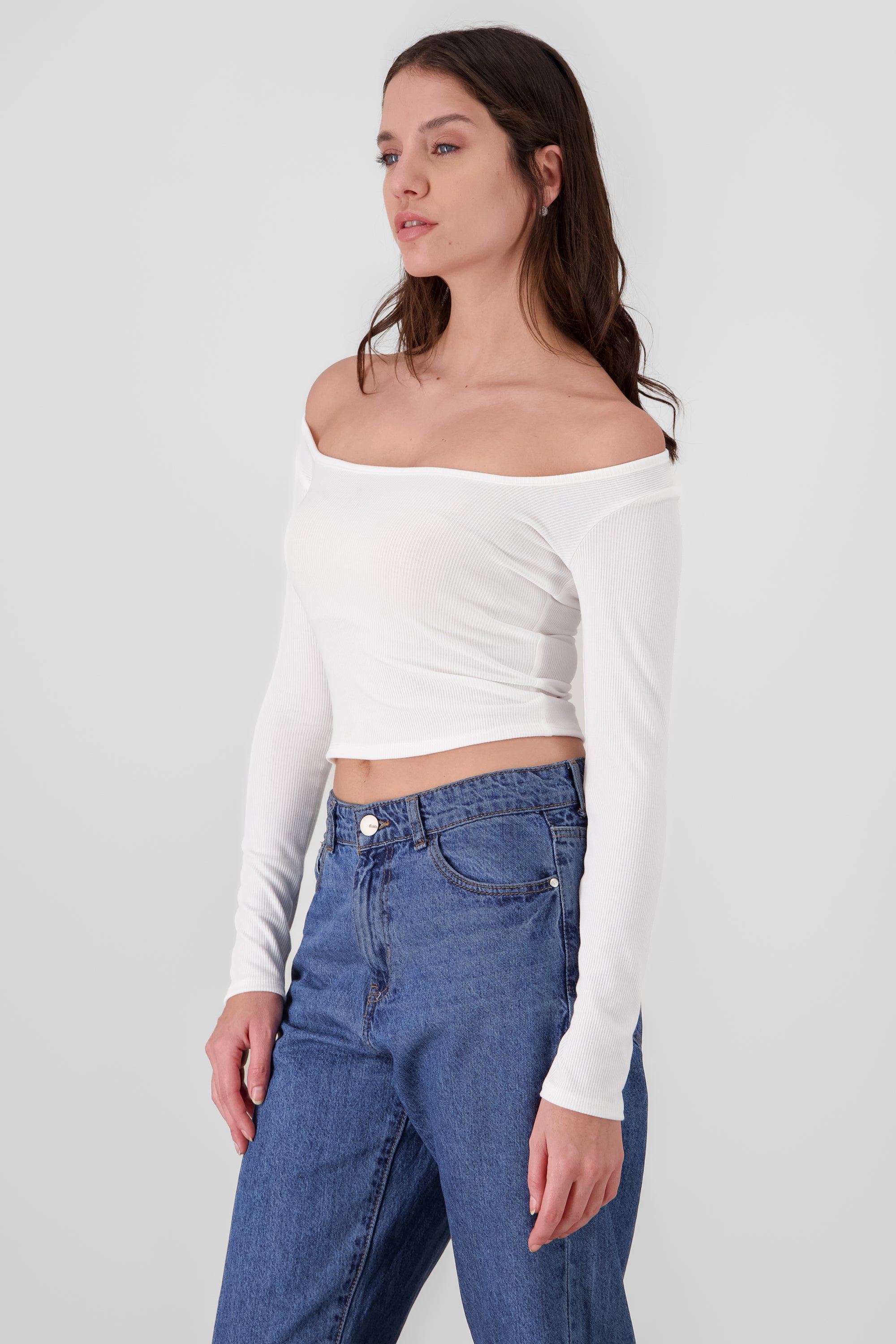 Solid Ribbed Long Sleeve Top WHITE