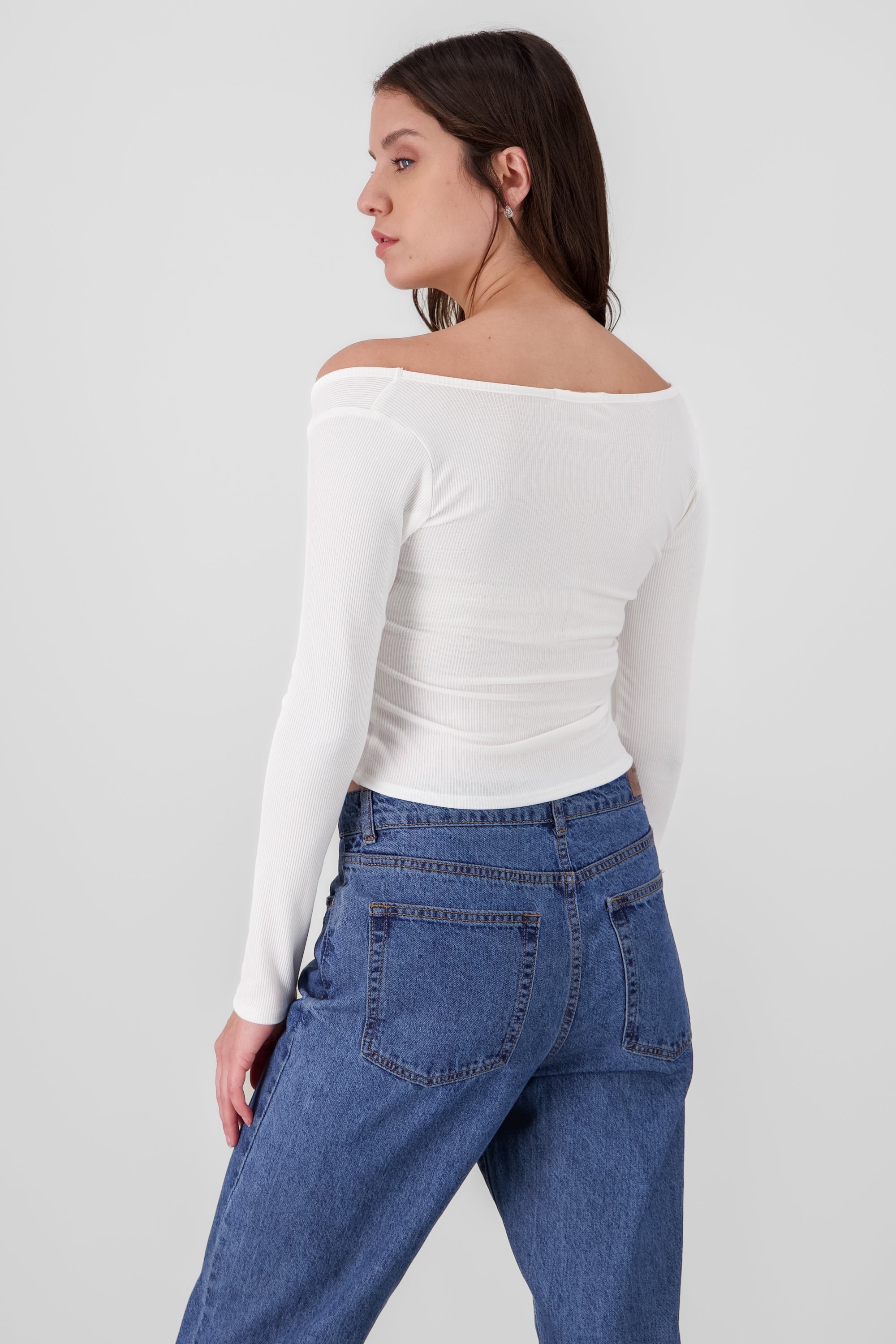 Solid Ribbed Long Sleeve Top WHITE