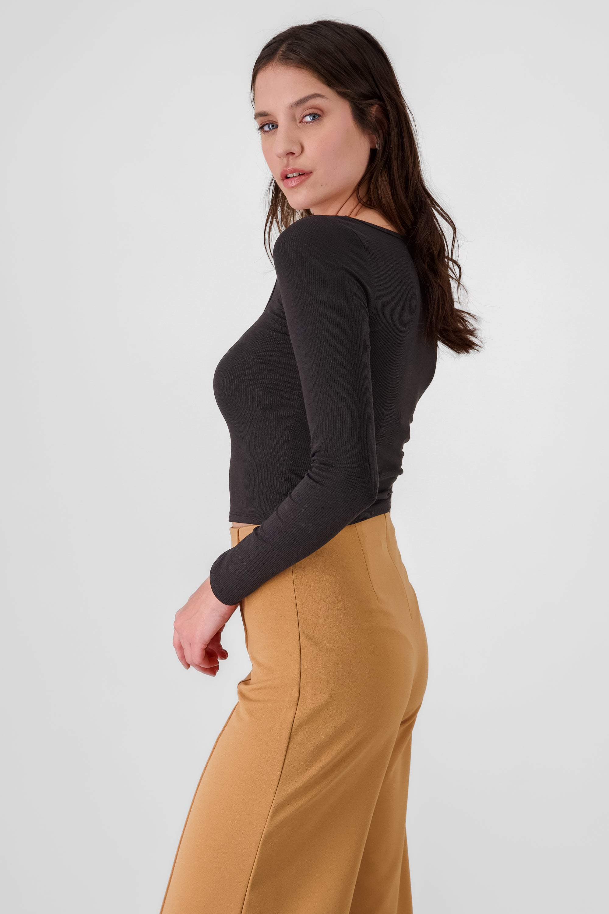 Solid Ribbed Long Sleeve Top BLACK