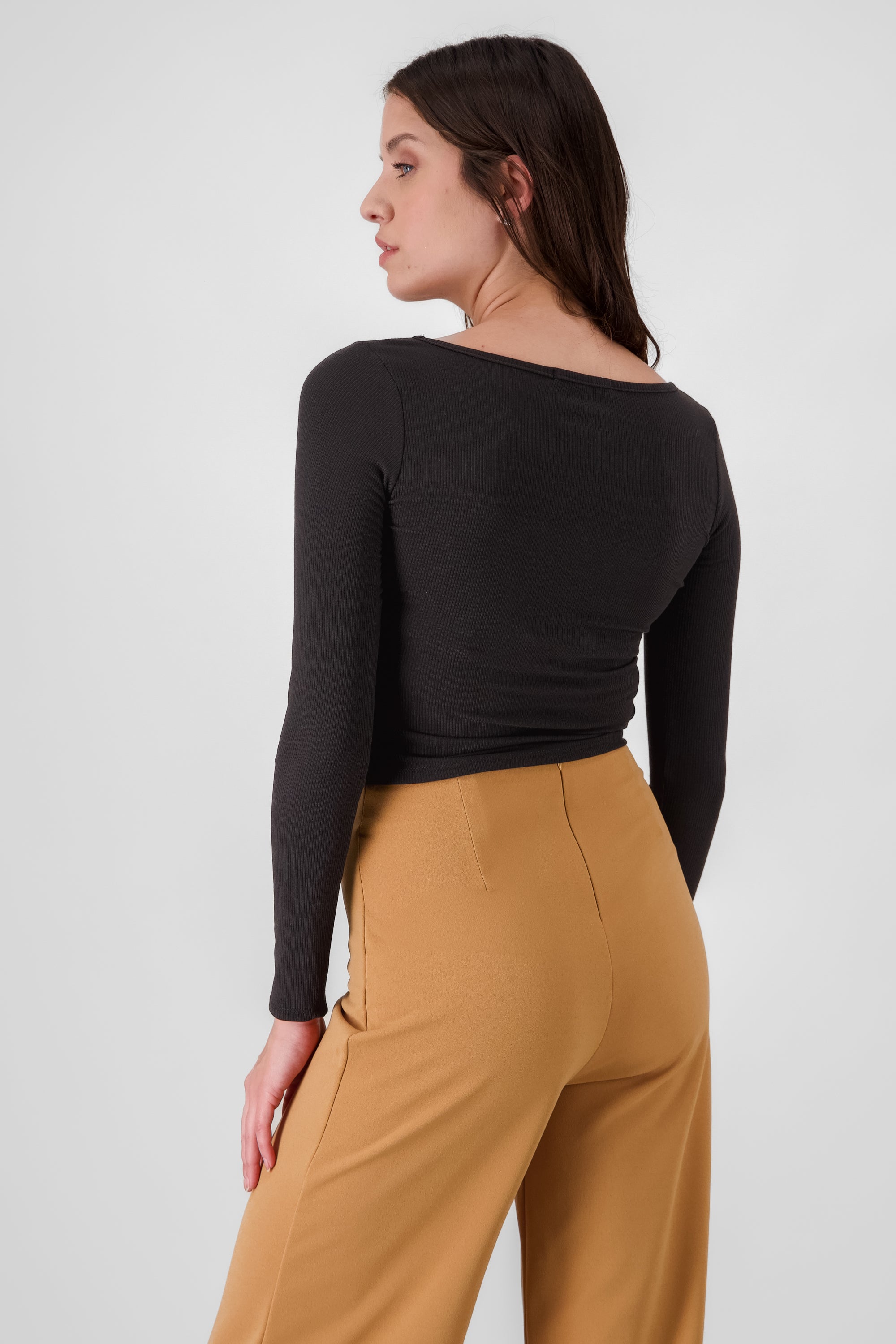 Solid Ribbed Long Sleeve Top BLACK