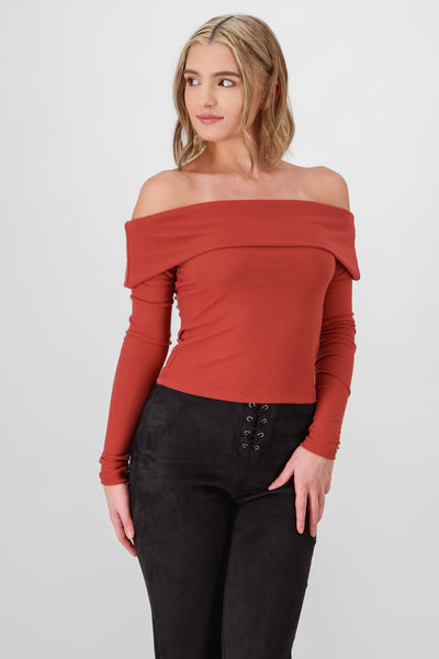 Long Sleeve Off Shoulder Ribbed Top BRICK RED