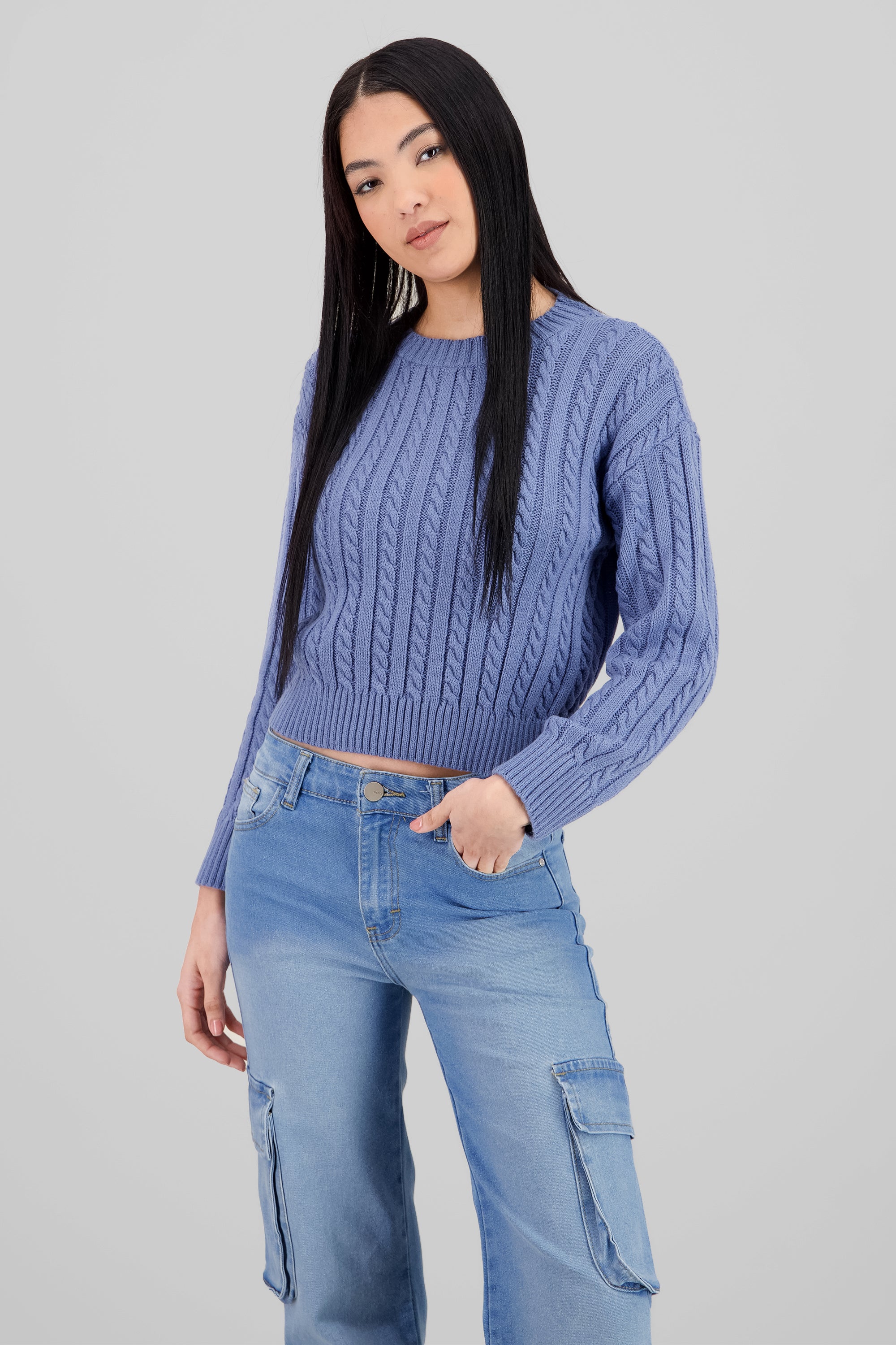 Cable Knit Crew Neck Sweater BLUE