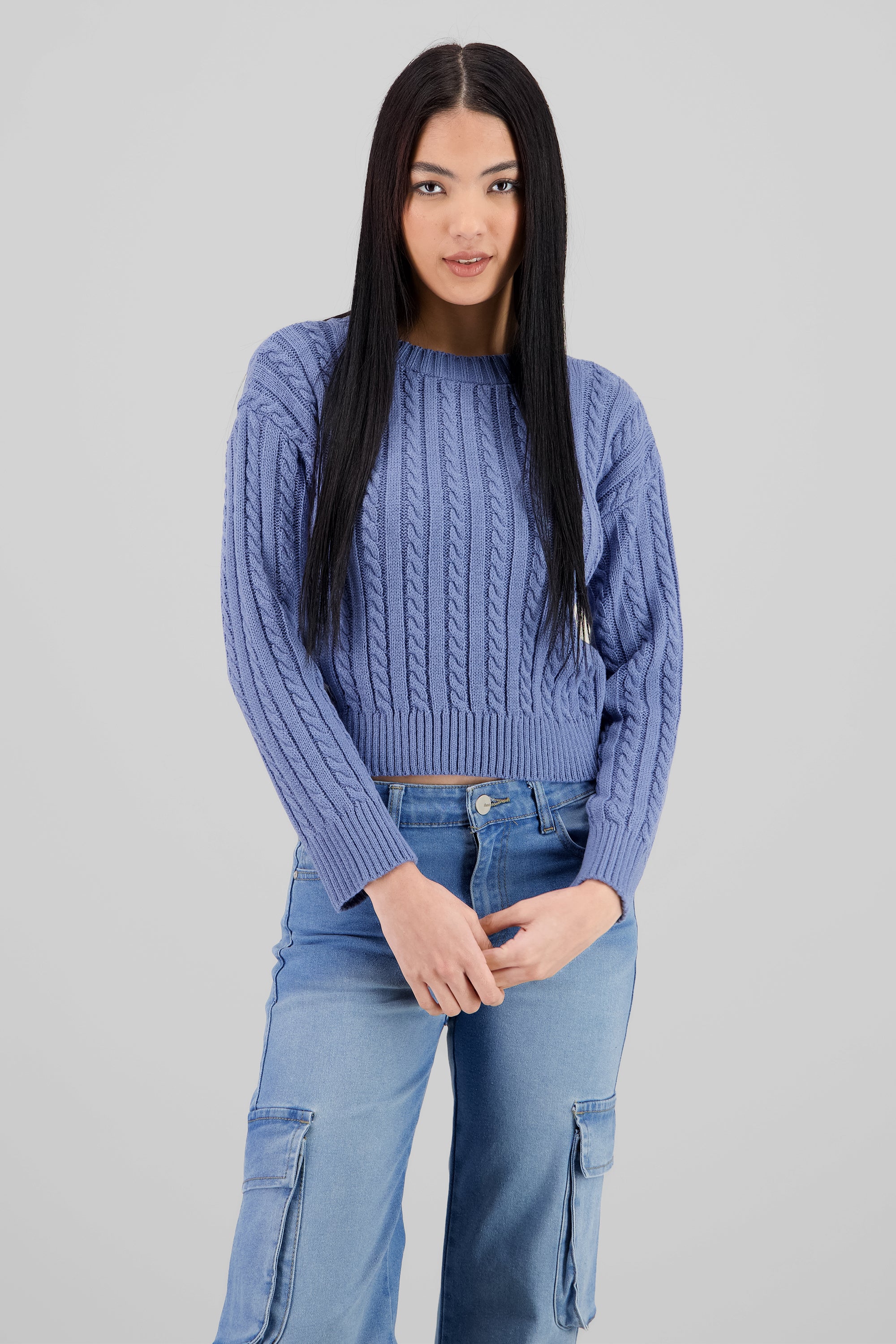 Cable Knit Crew Neck Sweater BLUE