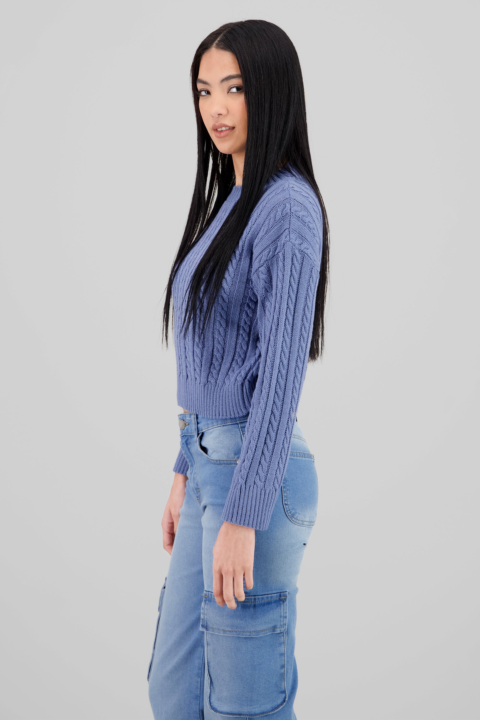 Cable Knit Crew Neck Sweater BLUE