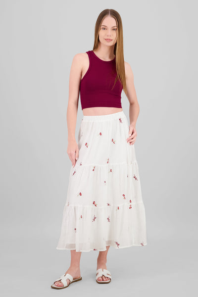 Floral Embroidery Midi Skirt WHITE