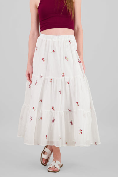 Floral Embroidery Midi Skirt WHITE