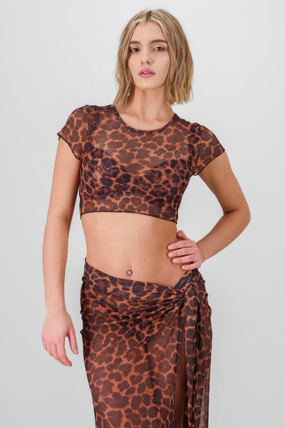 Short Sleeve Leopard Print Top BROWN COMBO