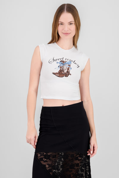 Cowboy Boot Print T Shirt WHITE COMBO