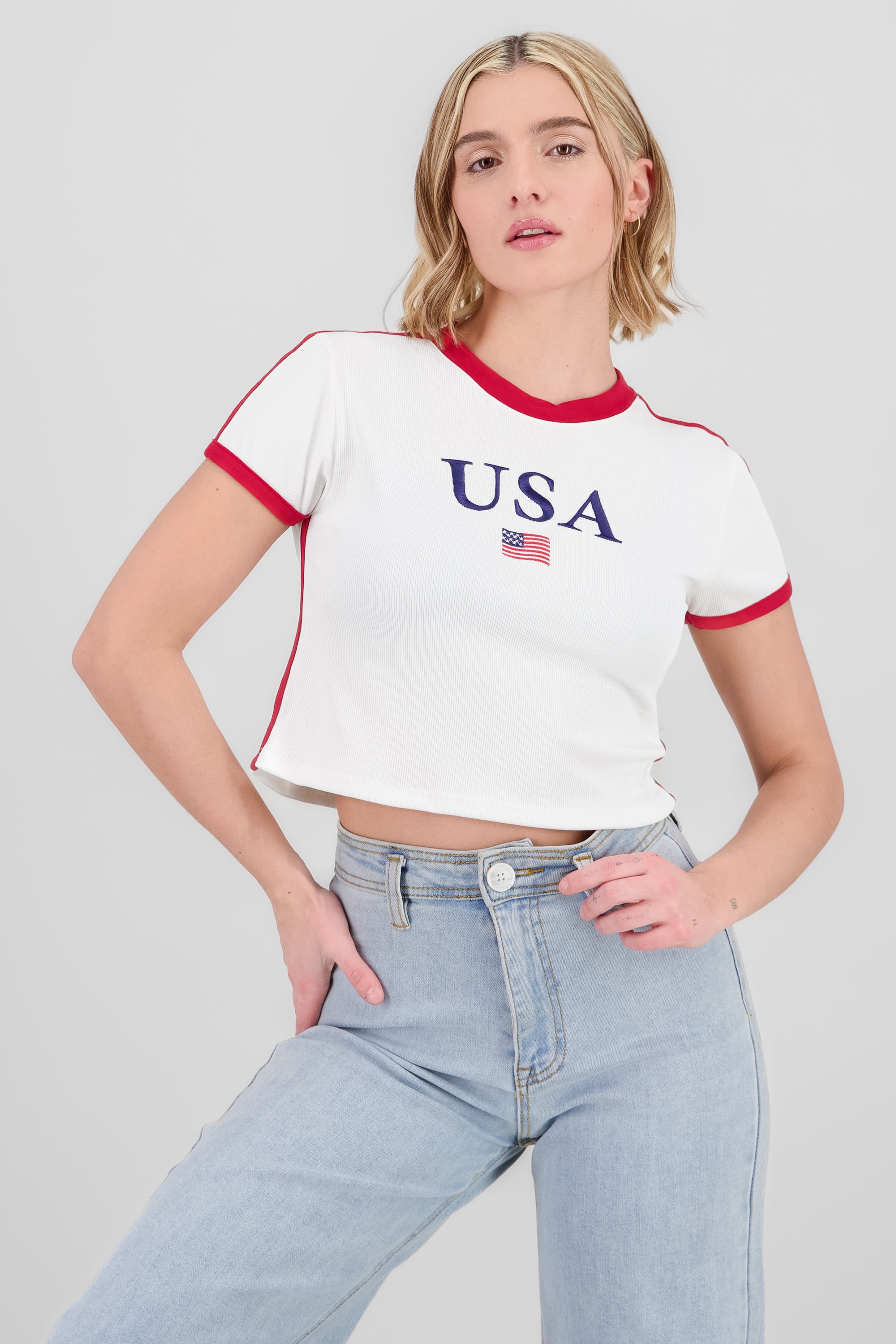 USA Embroidered Contrast T Shirt WHITE COMBO