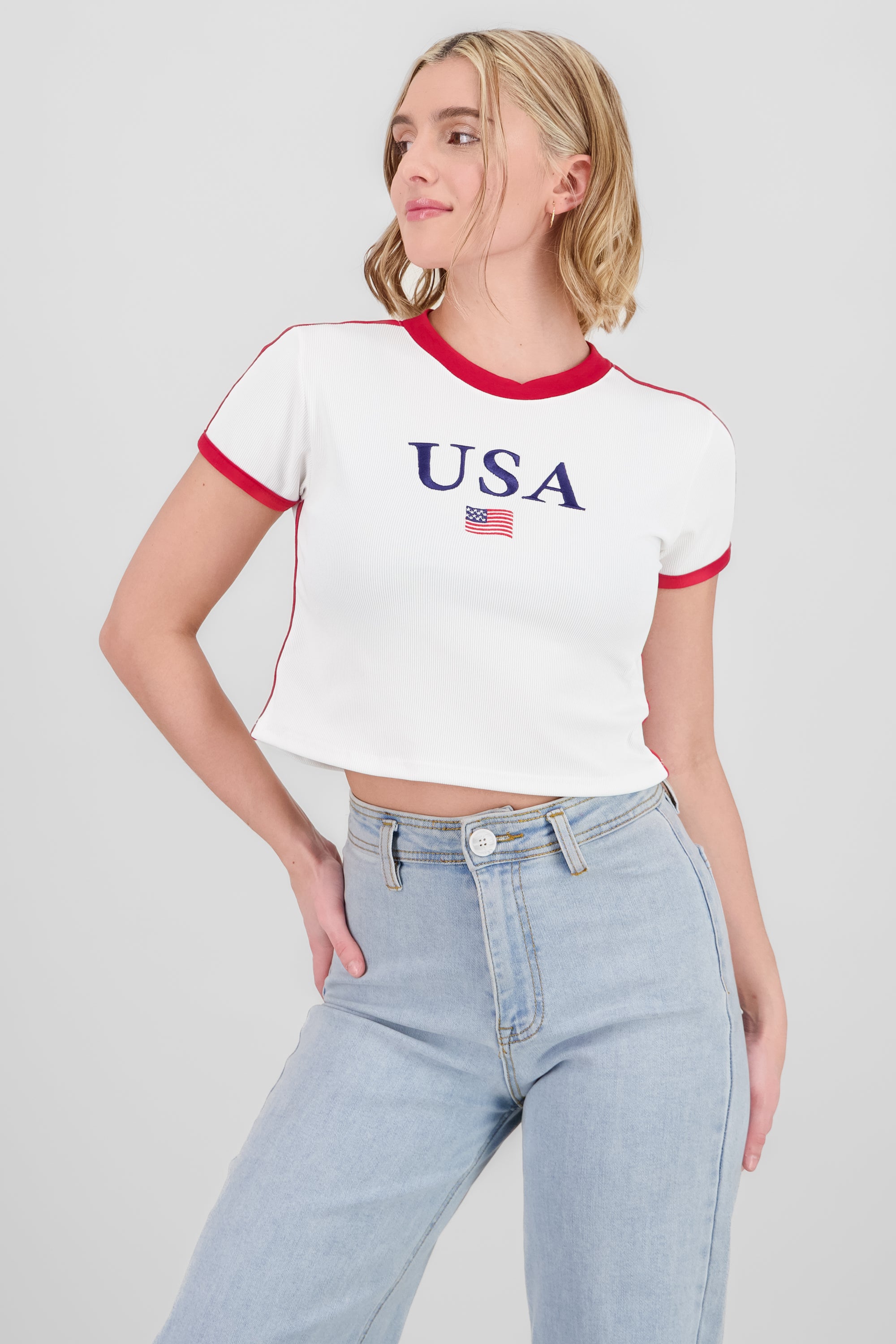 USA Embroidered Contrast T Shirt WHITE COMBO