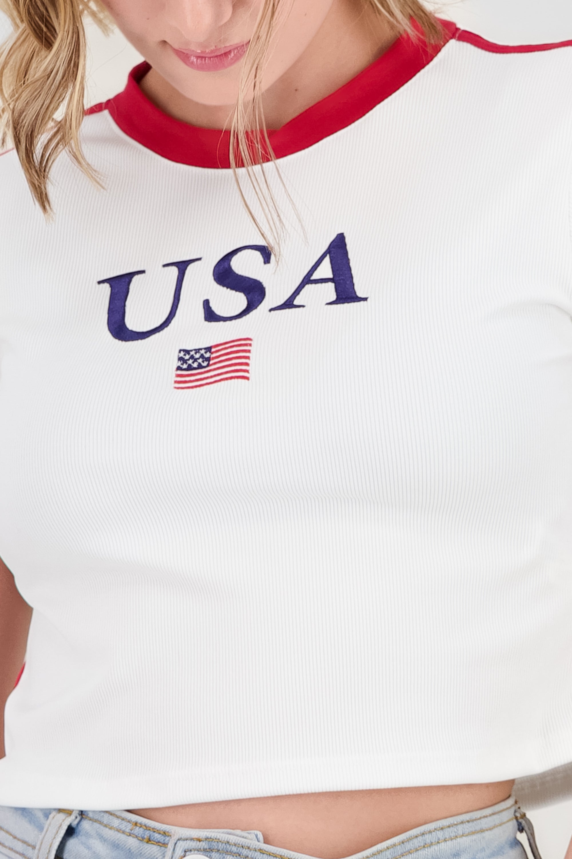 USA Embroidered Contrast T Shirt WHITE COMBO