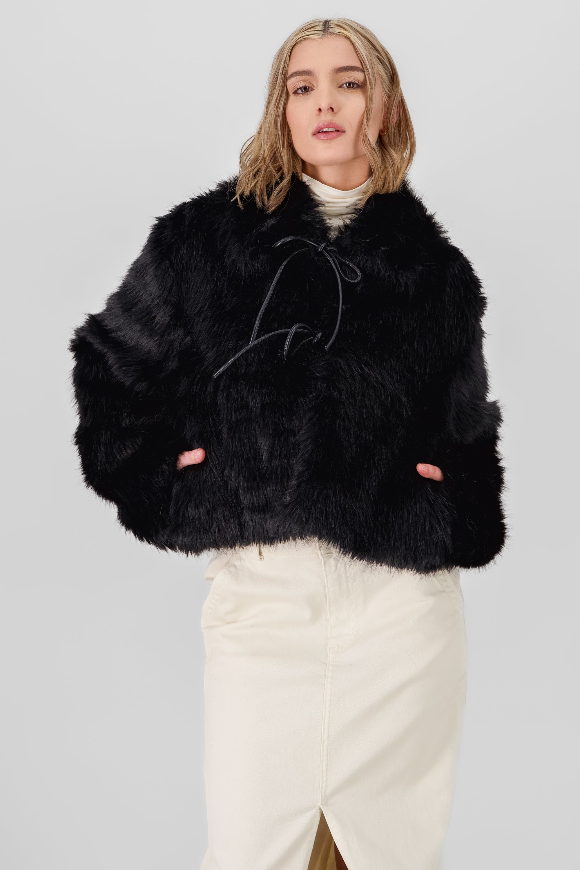 Faux Fur Cropped oat with Faux Leather Bows BLACK