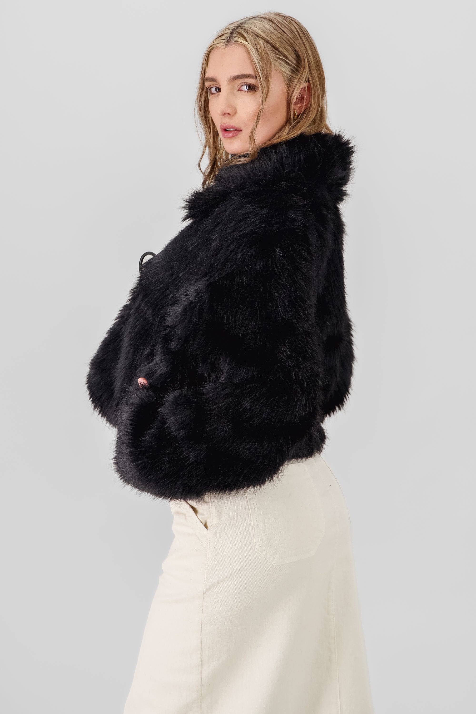 Faux Fur Cropped oat with Faux Leather Bows BLACK