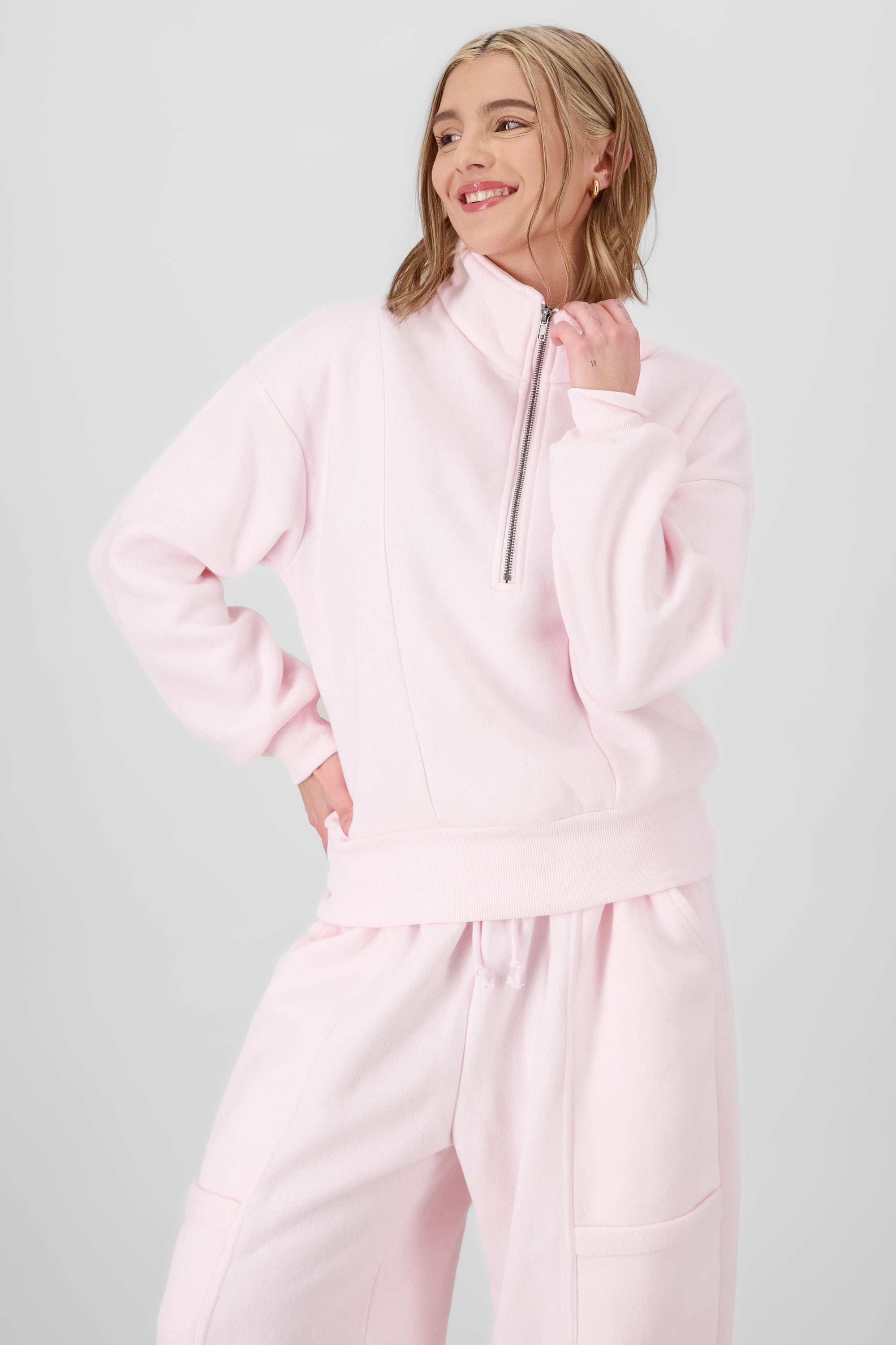 Solid Fleece Sweatshirt with Zipper PASTEL PINK