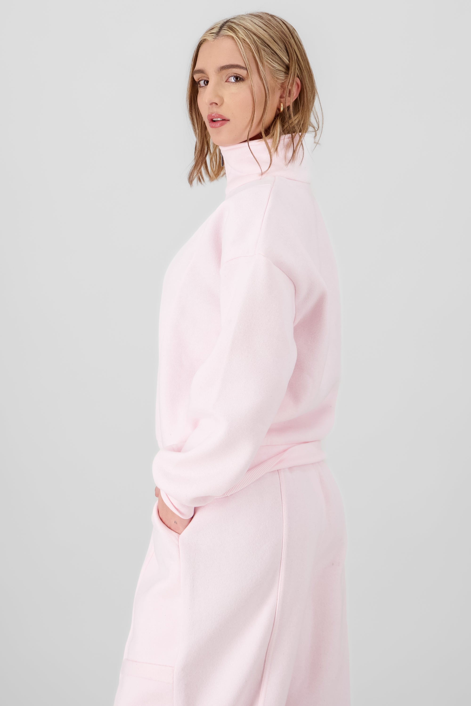 Solid Fleece Sweatshirt with Zipper PASTEL PINK