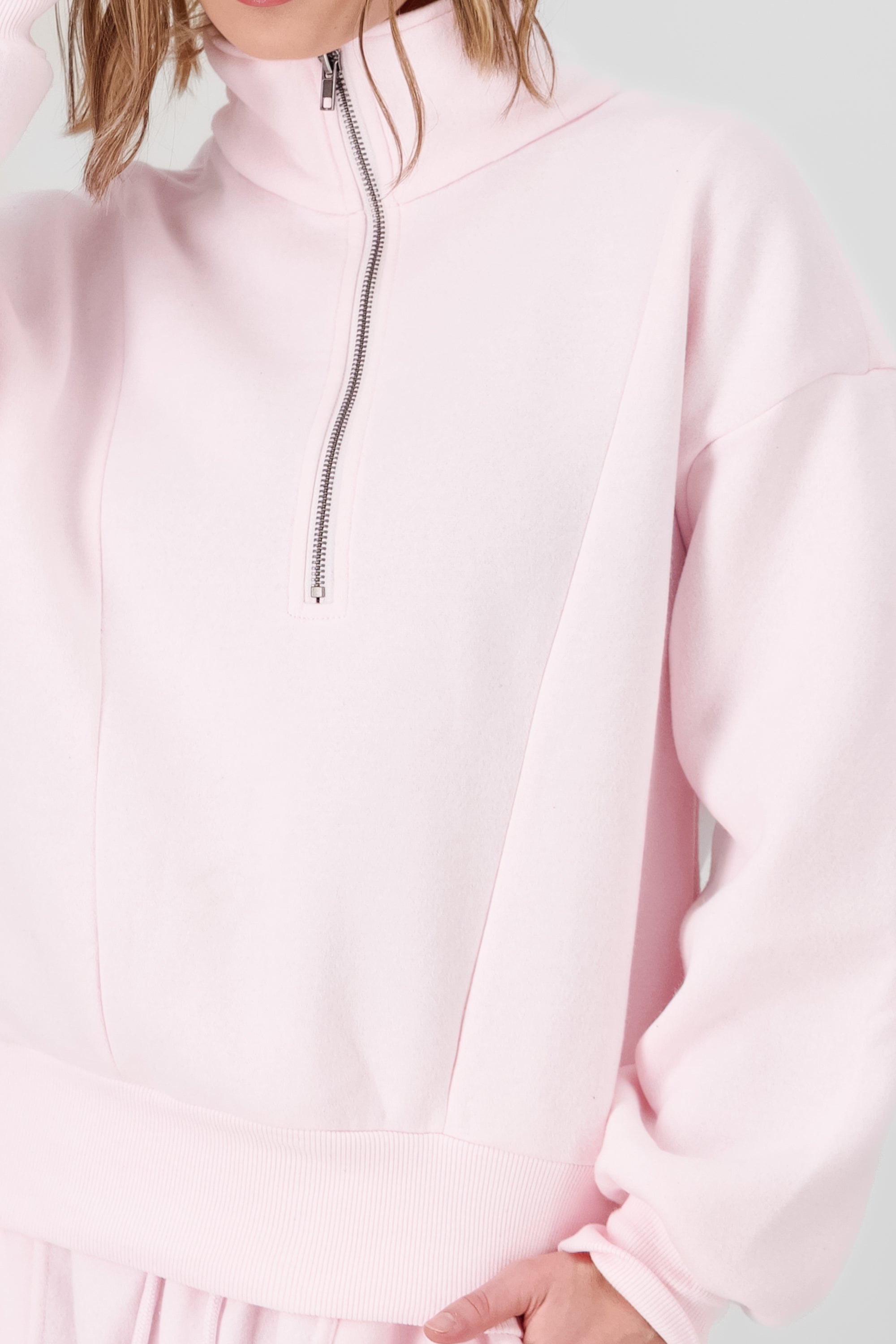 Solid Fleece Sweatshirt with Zipper PASTEL PINK