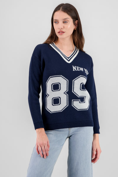 Numbers and Lurex Details Sweater NAVY