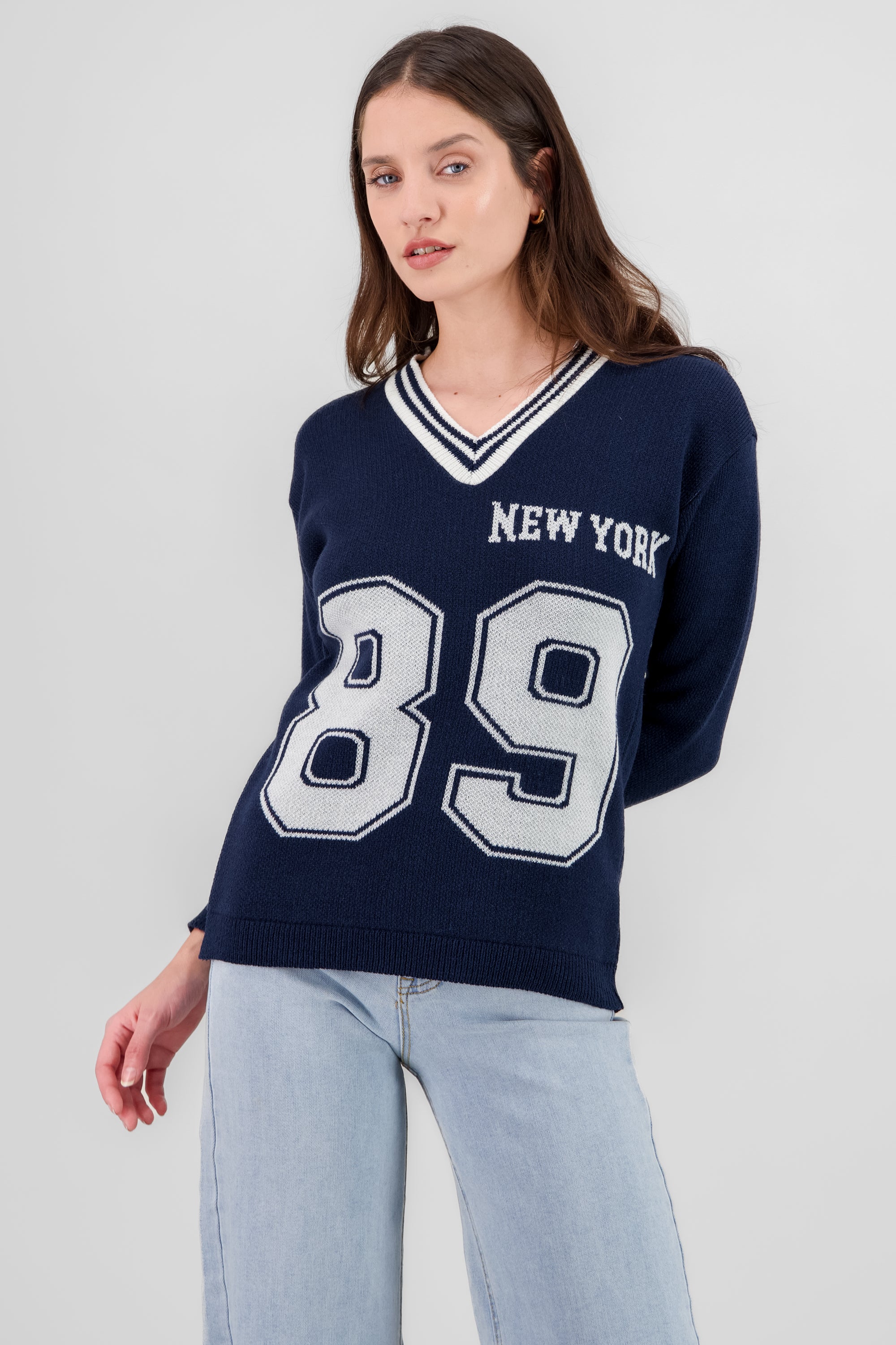 Numbers and Lurex Details Sweater NAVY