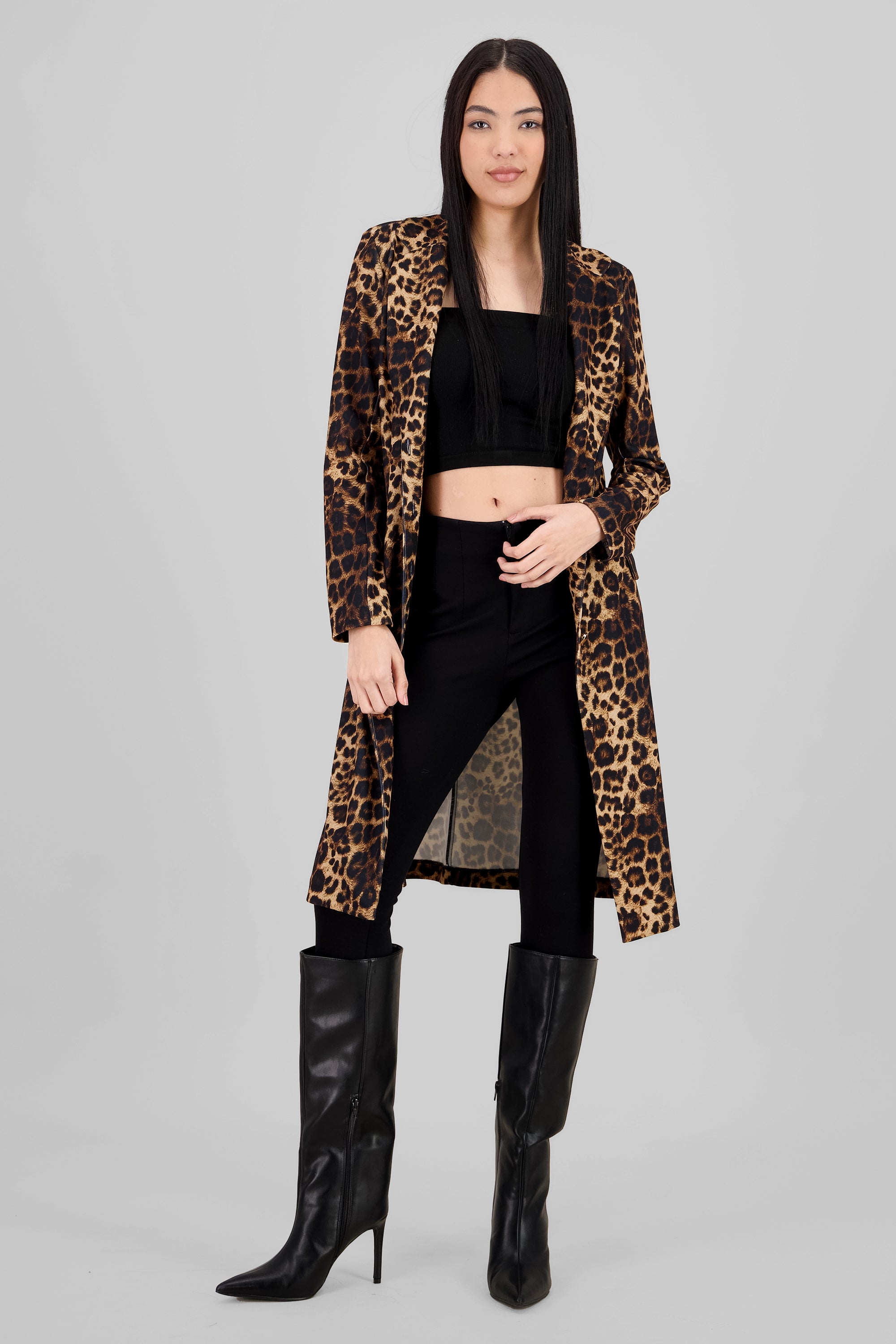 Animal Print Long Coat BLACK COMBO