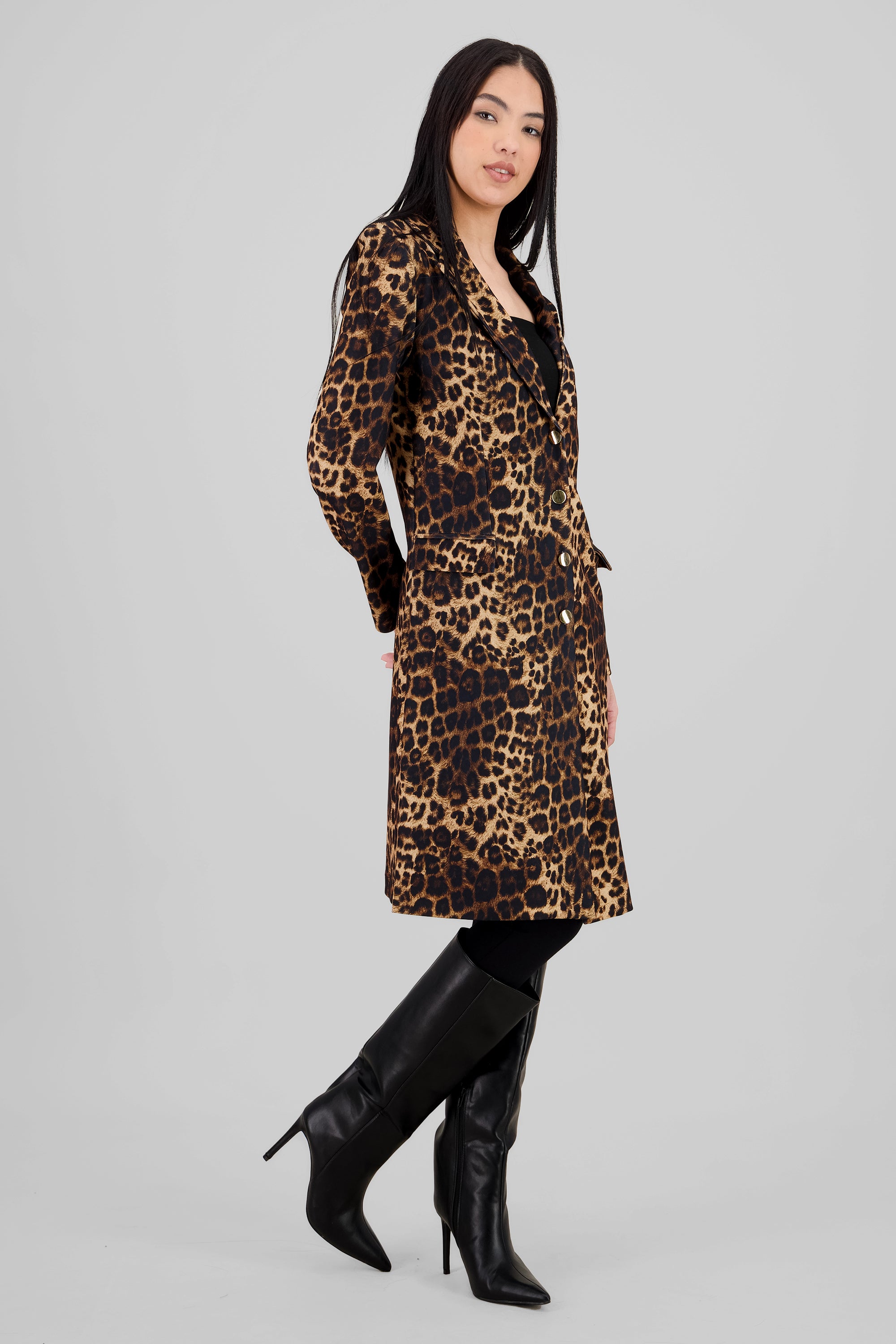 Animal Print Long Coat BLACK COMBO