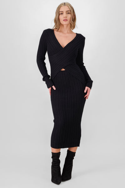 Ribbed Midi Wrap Dress BLACK