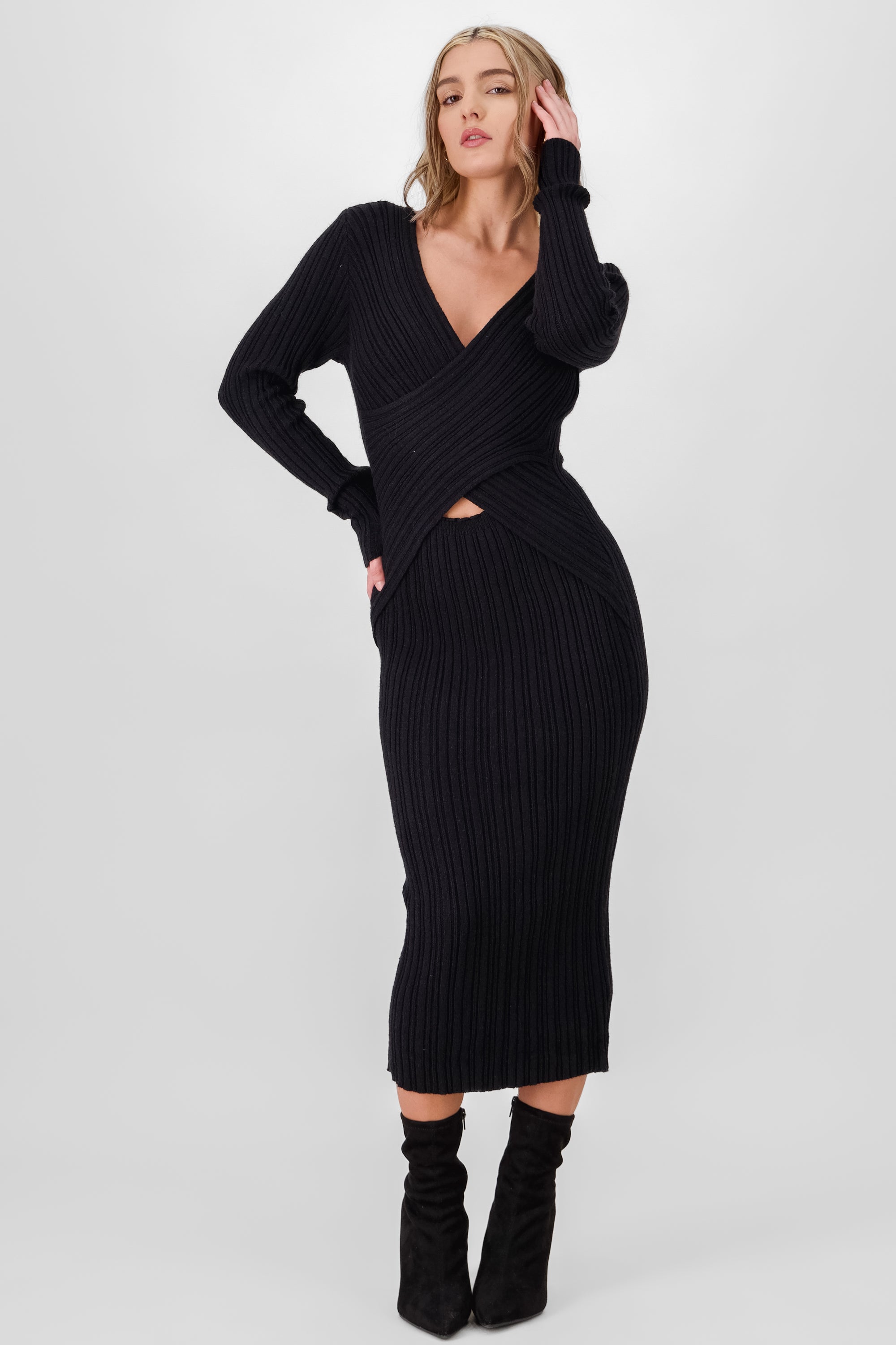 Ribbed Midi Wrap Dress BLACK