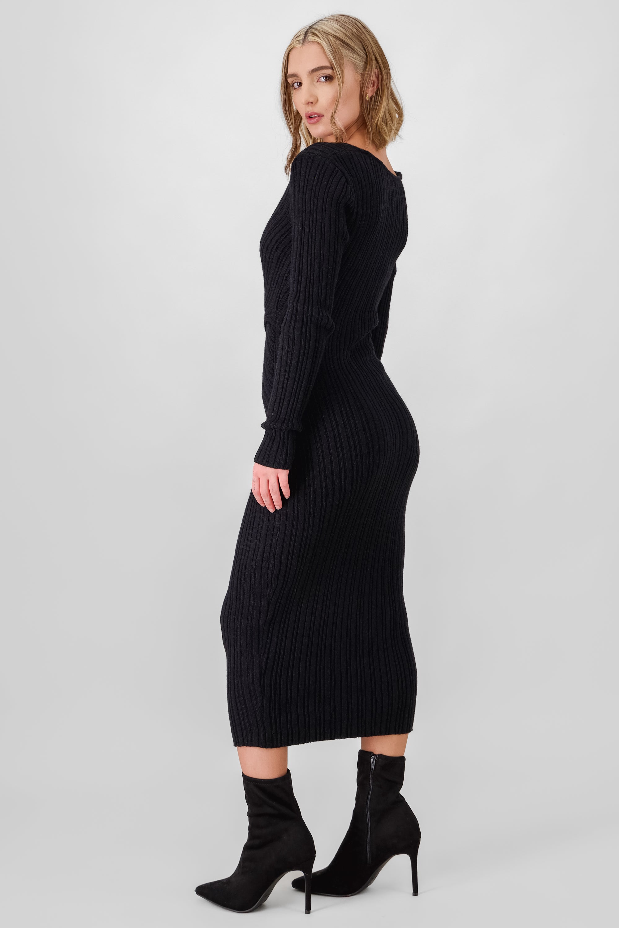 Ribbed Midi Wrap Dress BLACK