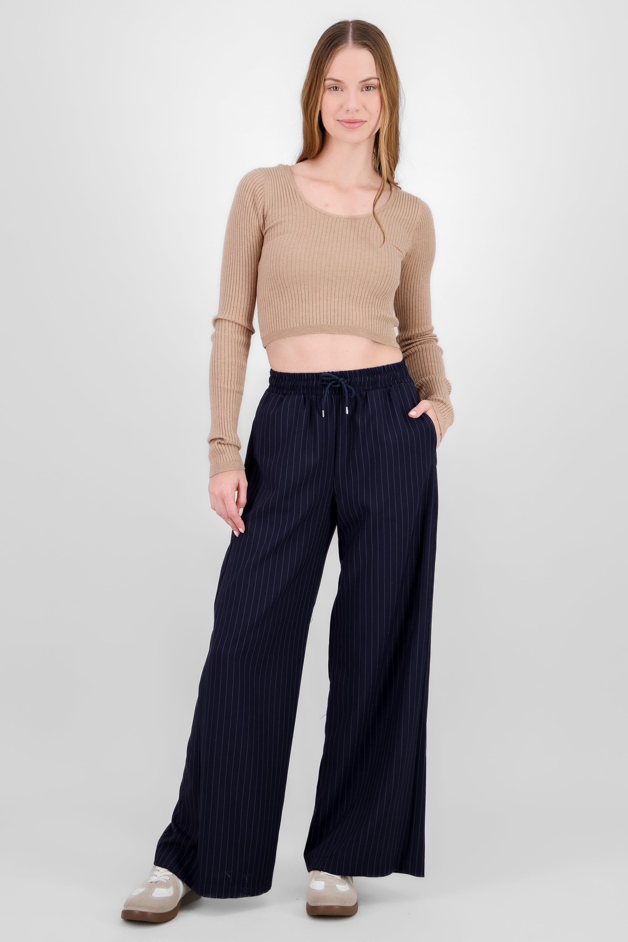 Wide Leg Pants with Elastic Detail NAVY COMBO