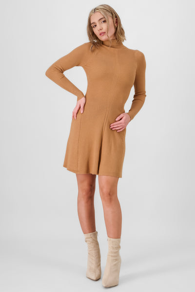 Short Ribbed High Neck Dress CAMEL