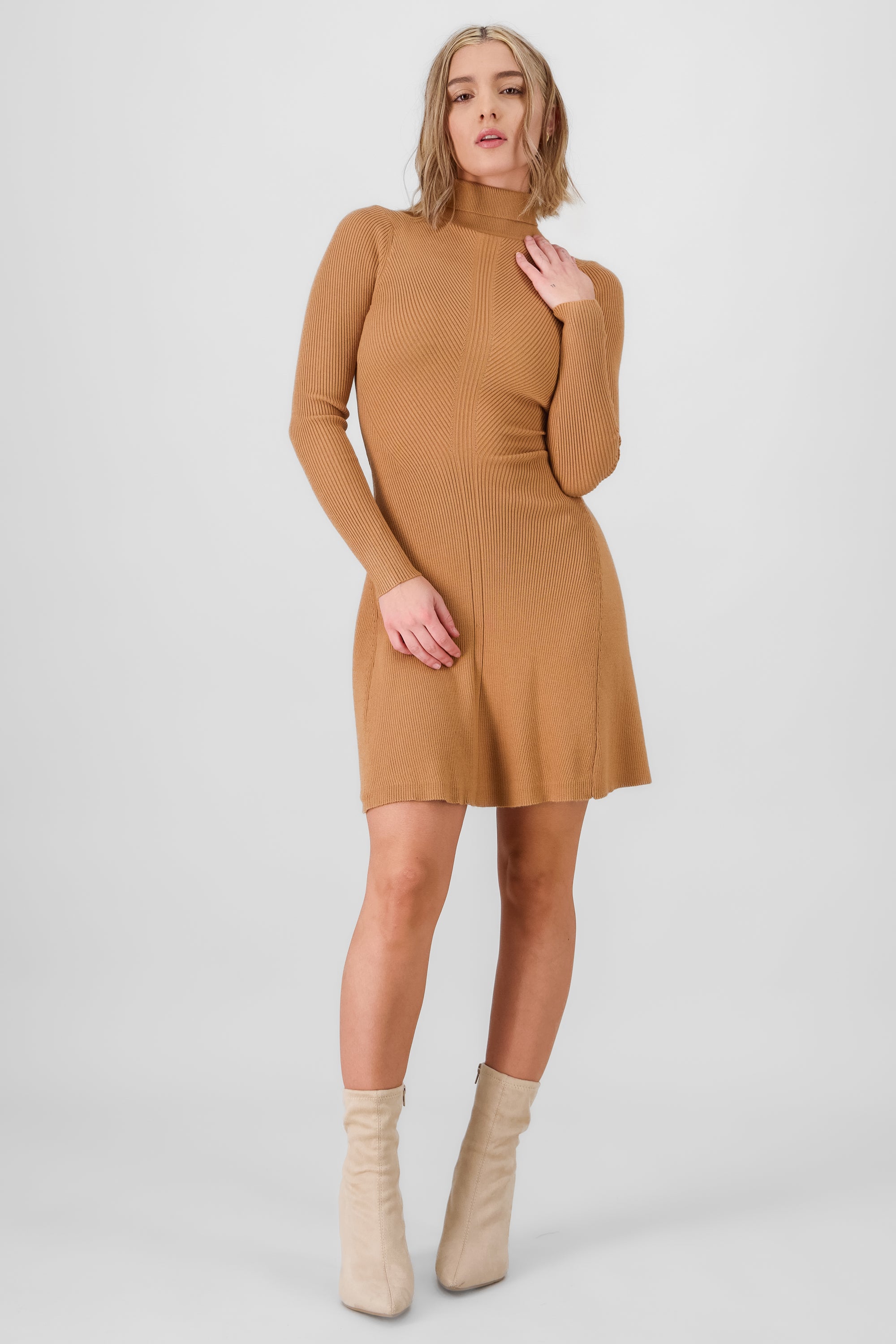 Short Ribbed High Neck Dress CAMEL