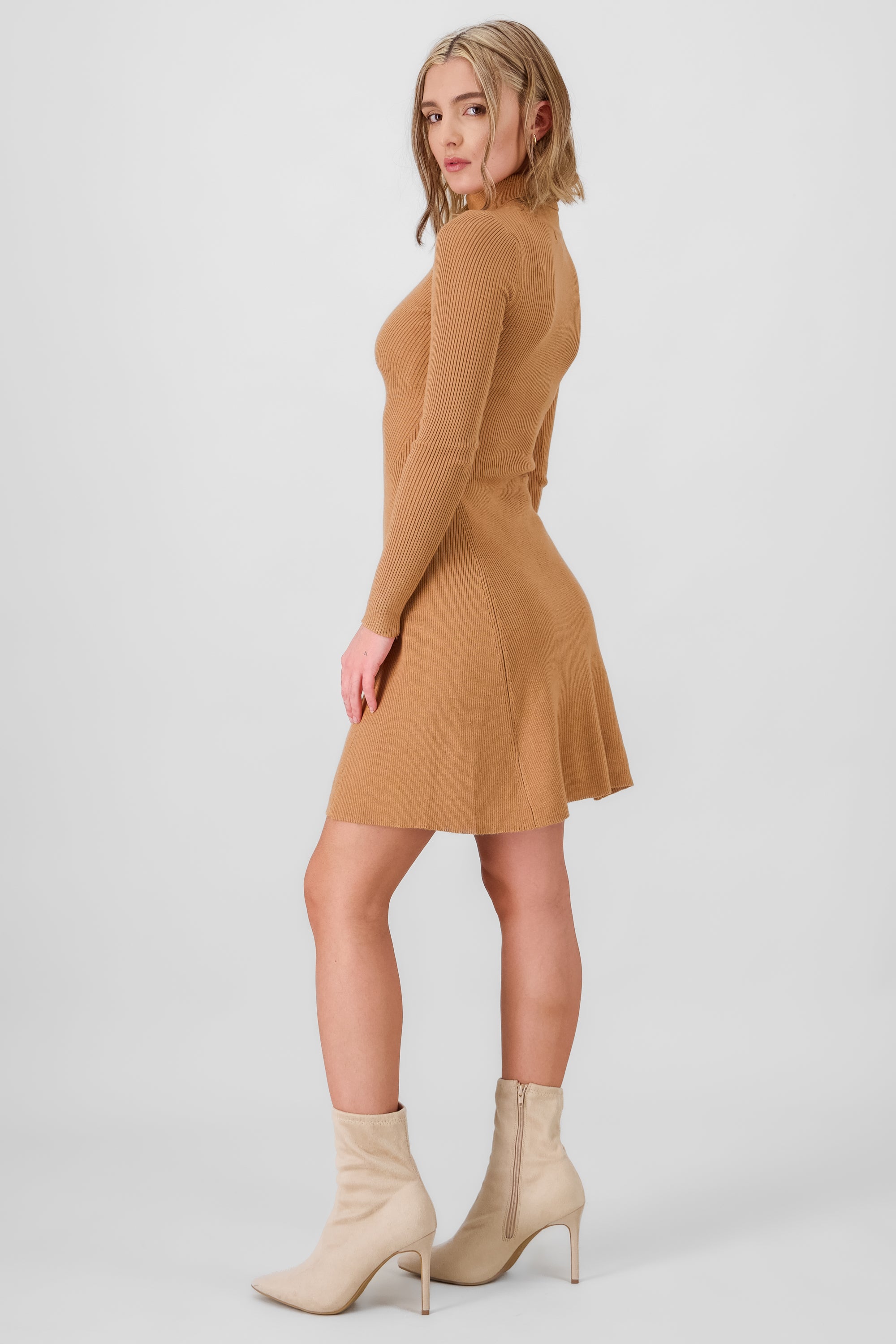 Short Ribbed High Neck Dress CAMEL