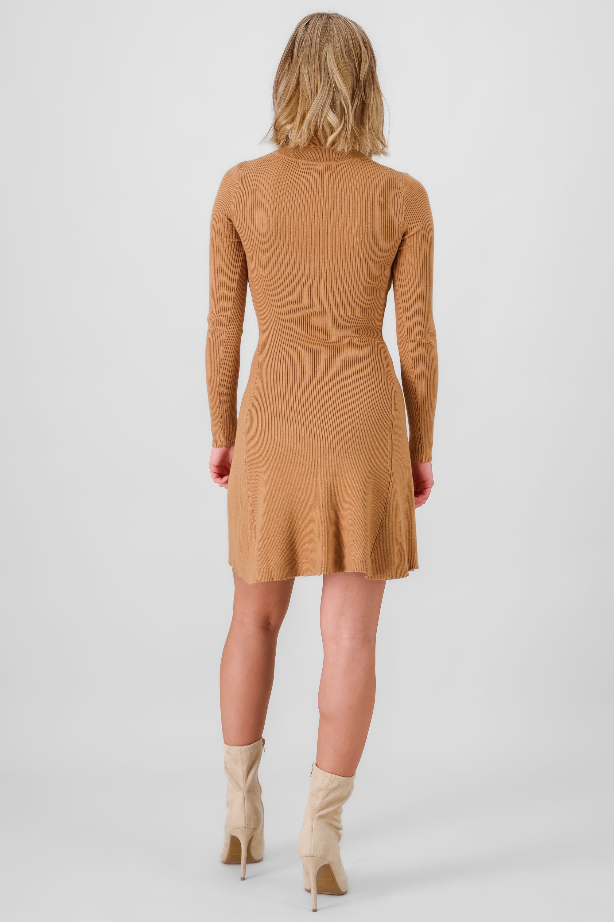 Short Ribbed High Neck Dress CAMEL